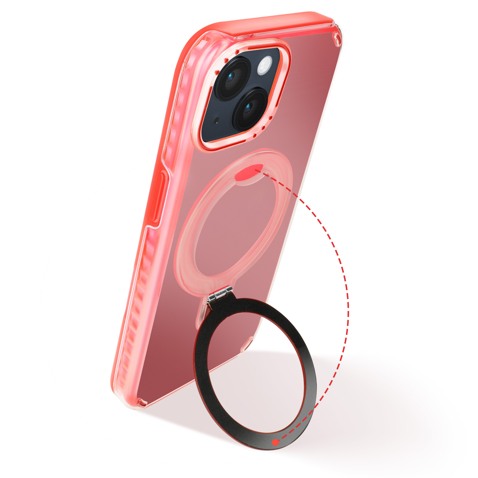 Una custodia rossa per telefono con supporto ad anello magnetico e sfondo bianco.