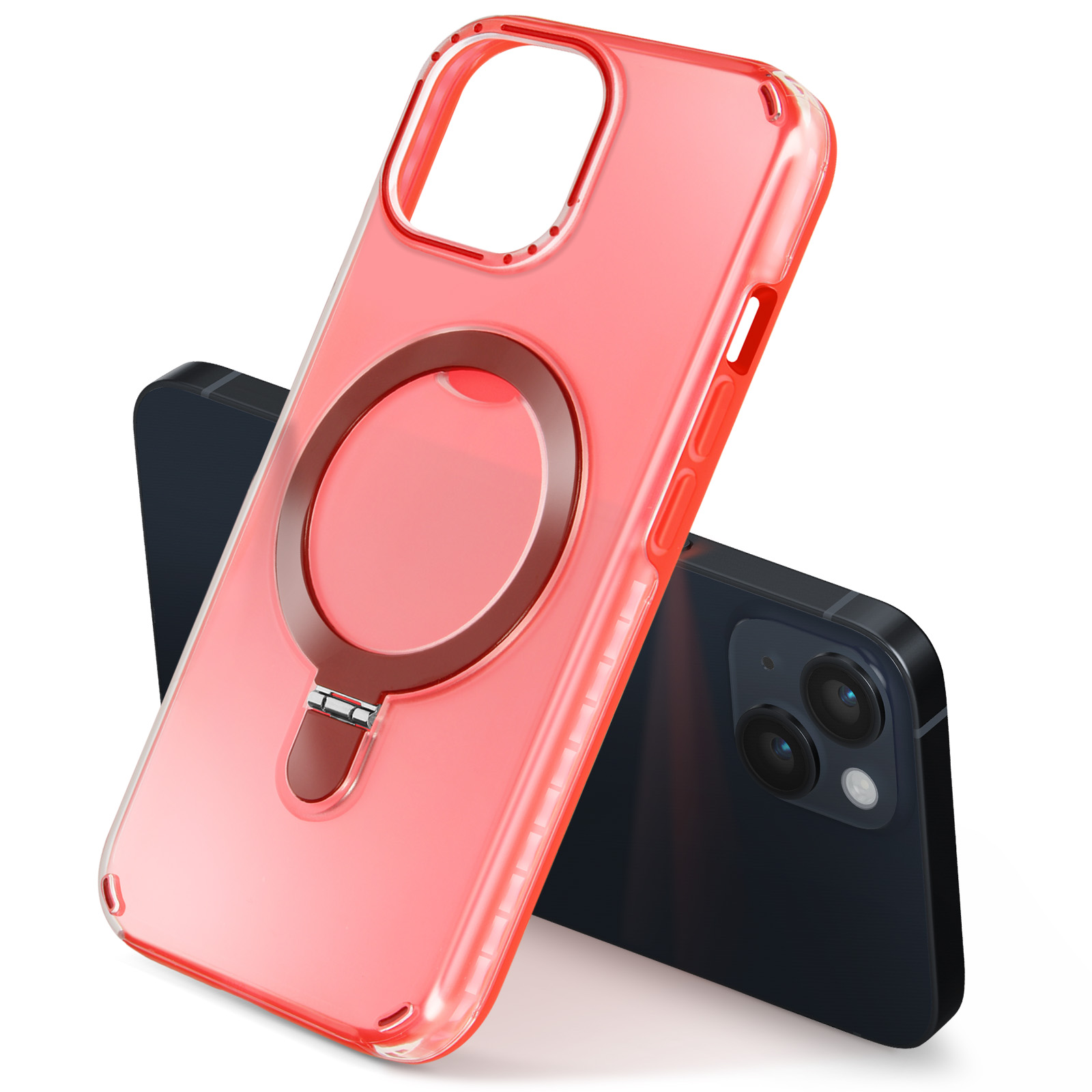 Custodia rossa per telefono con supporto ad anello magnetico. Telefono nero sullo sfondo.