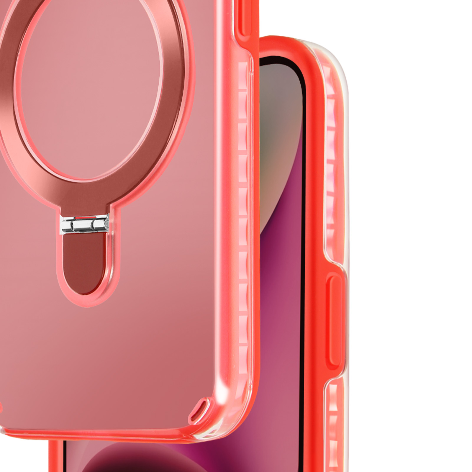 Vista ravvicinata di un telefono con custodia rossa. La custodia ha un supporto ad anello ed è leggermente angolata.