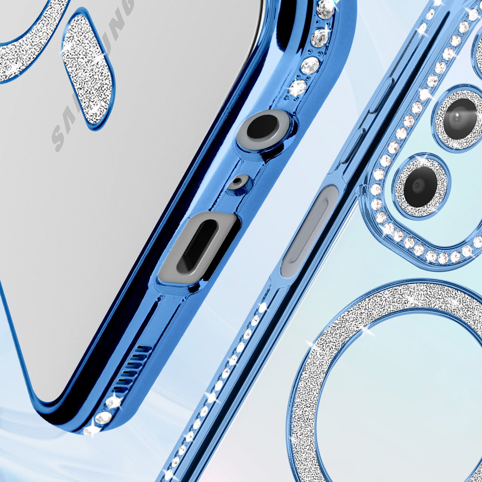 Custodia blu per telefono con strass e dettagli della fotocamera. Uno sfondo bianco.