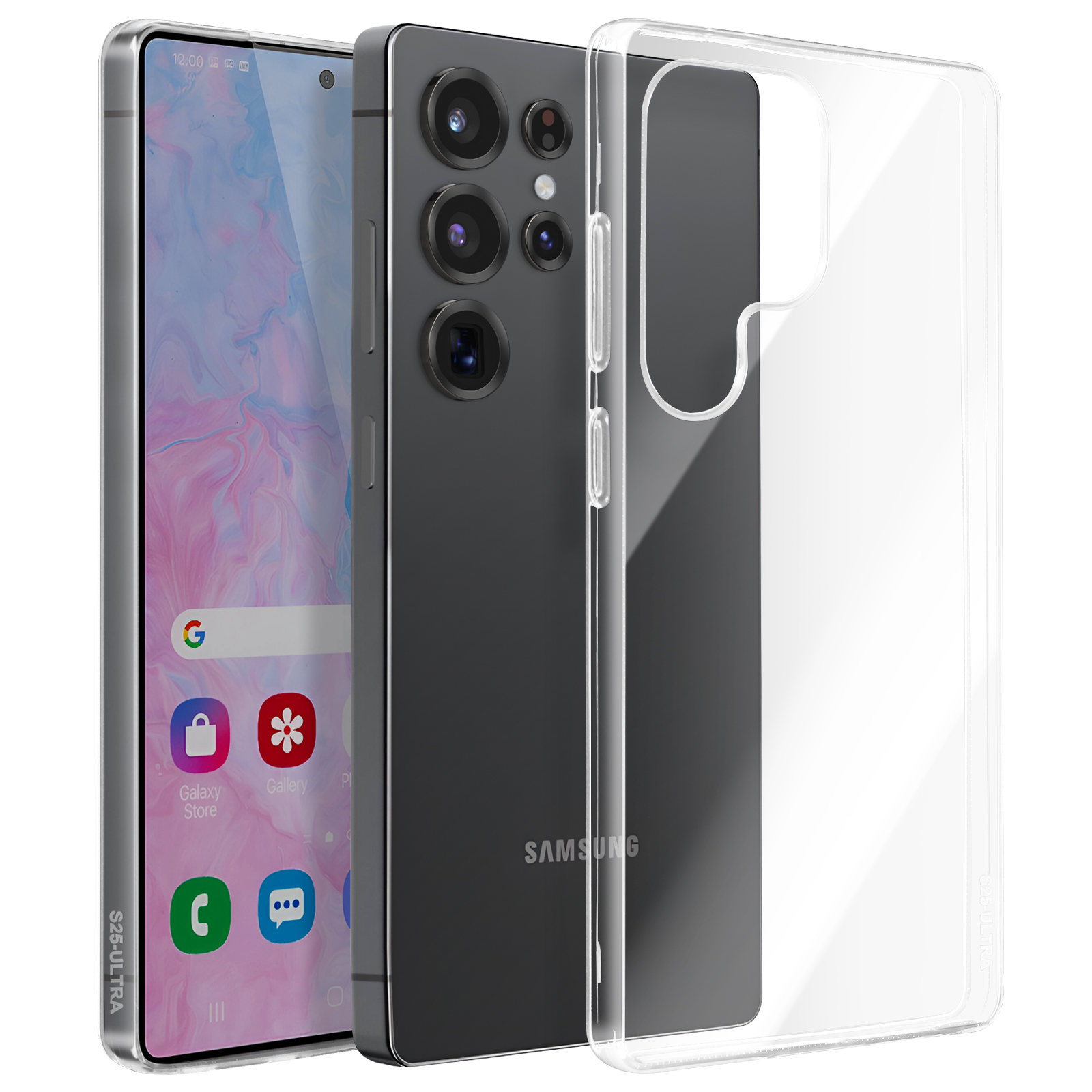 Telefono Samsung con custodia trasparente. Il telefono ha tre fotocamere su sfondo nero.