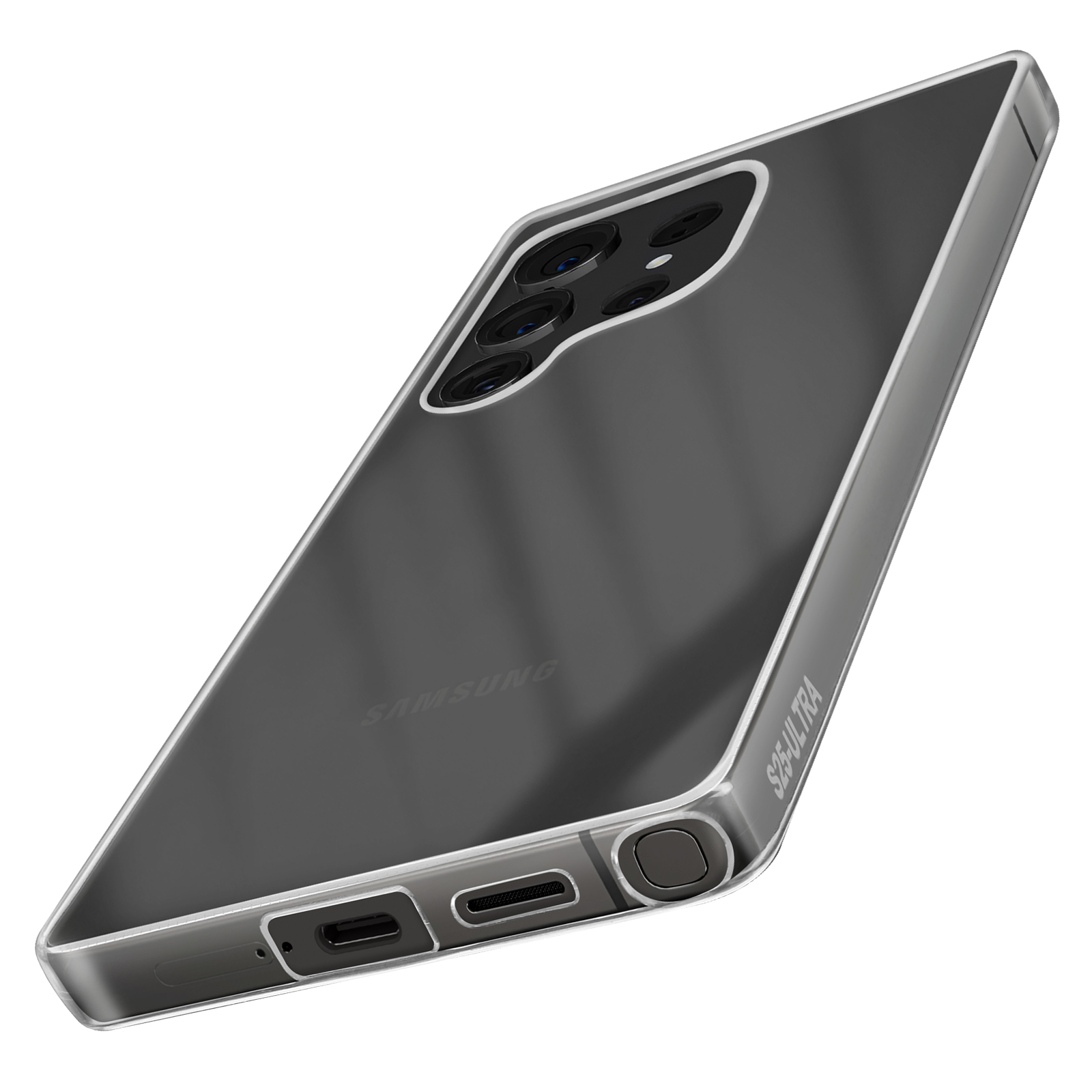 Custodia trasparente per telefono su un telefono nero, con cornice argentata e il logo Samsung visibile.