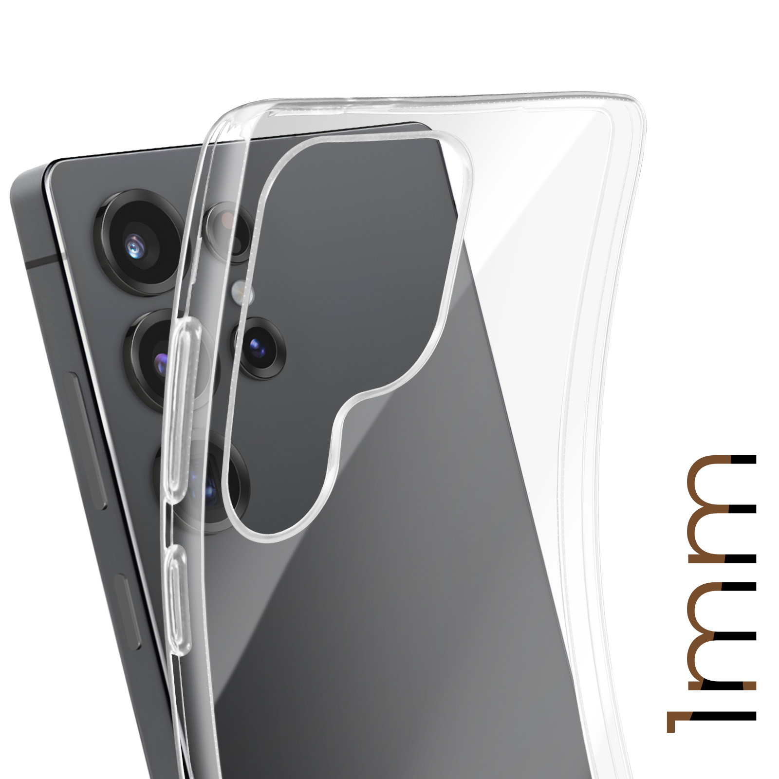 Custodia del telefono con area fotocamera nera e testo '1mm' in marrone. La custodia è su una superficie bianca.