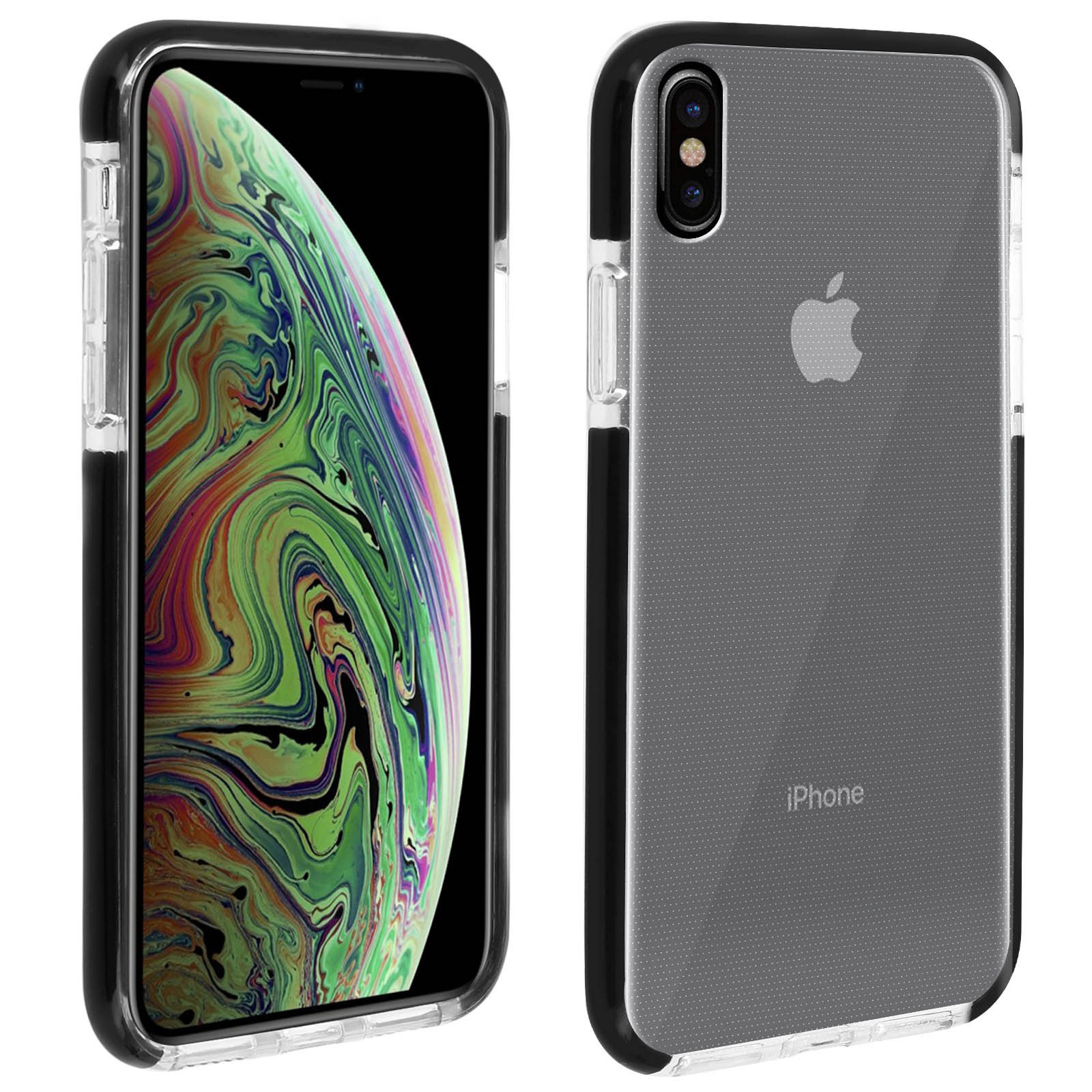 iPhone in una custodia trasparente. Il telefono è su una superficie bianca.
