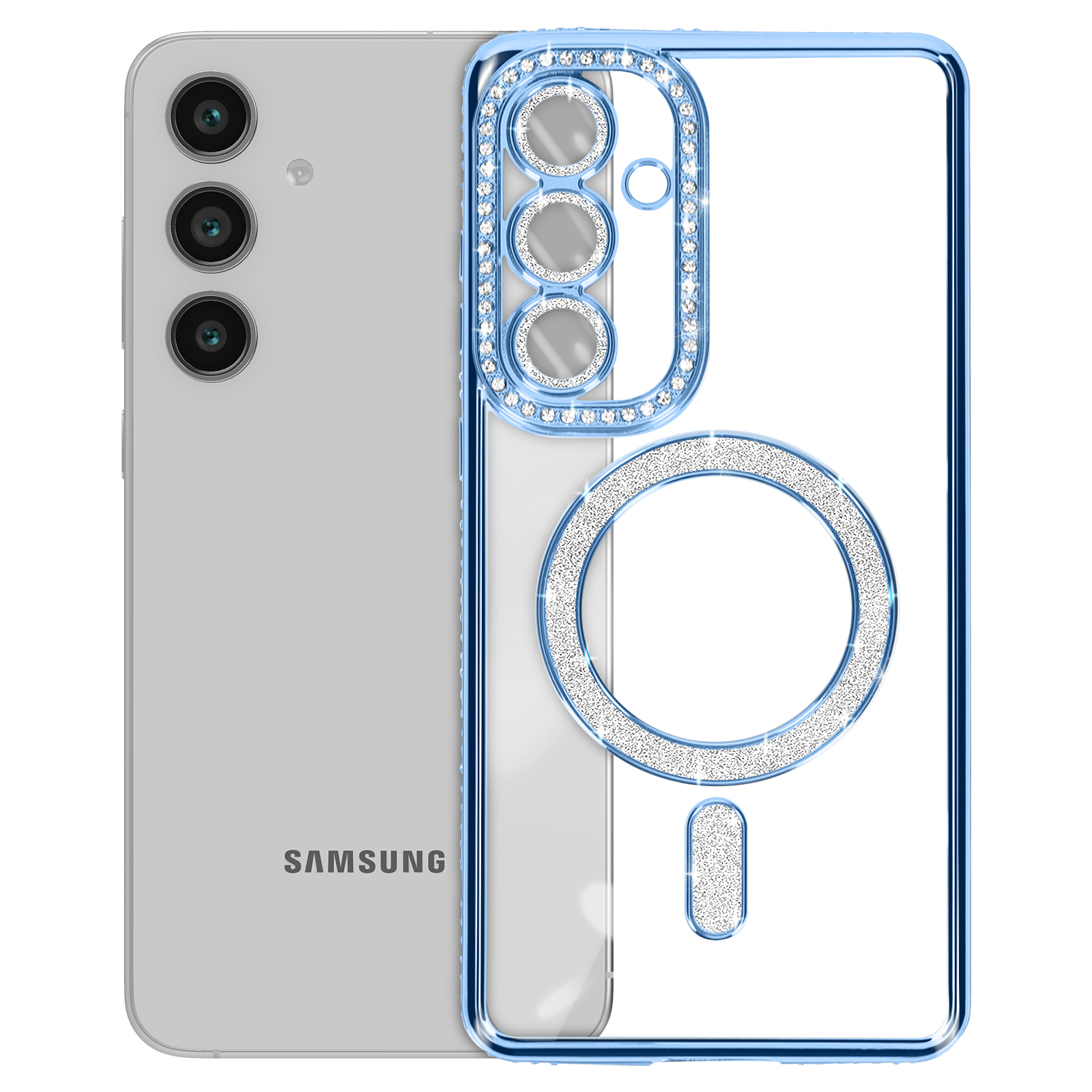 Telefono argentato con custodia blu. La custodia ha strass e design ad anello.