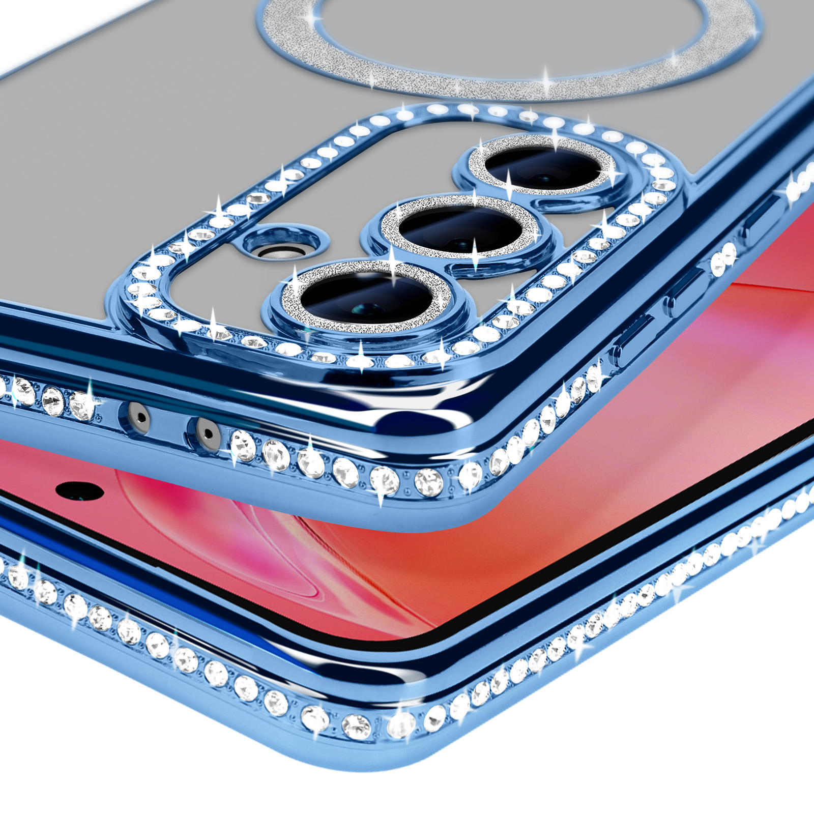 Primo piano di una custodia per telefono con dettagli blu, gemme e un anello MagSafe, con logo Samsung.