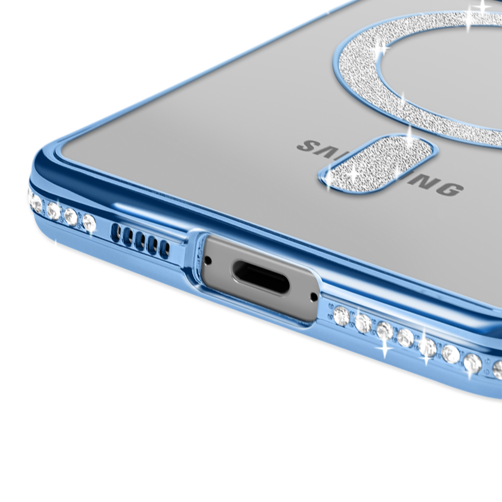 Custodia blu per telefono con strass e anello argentato.