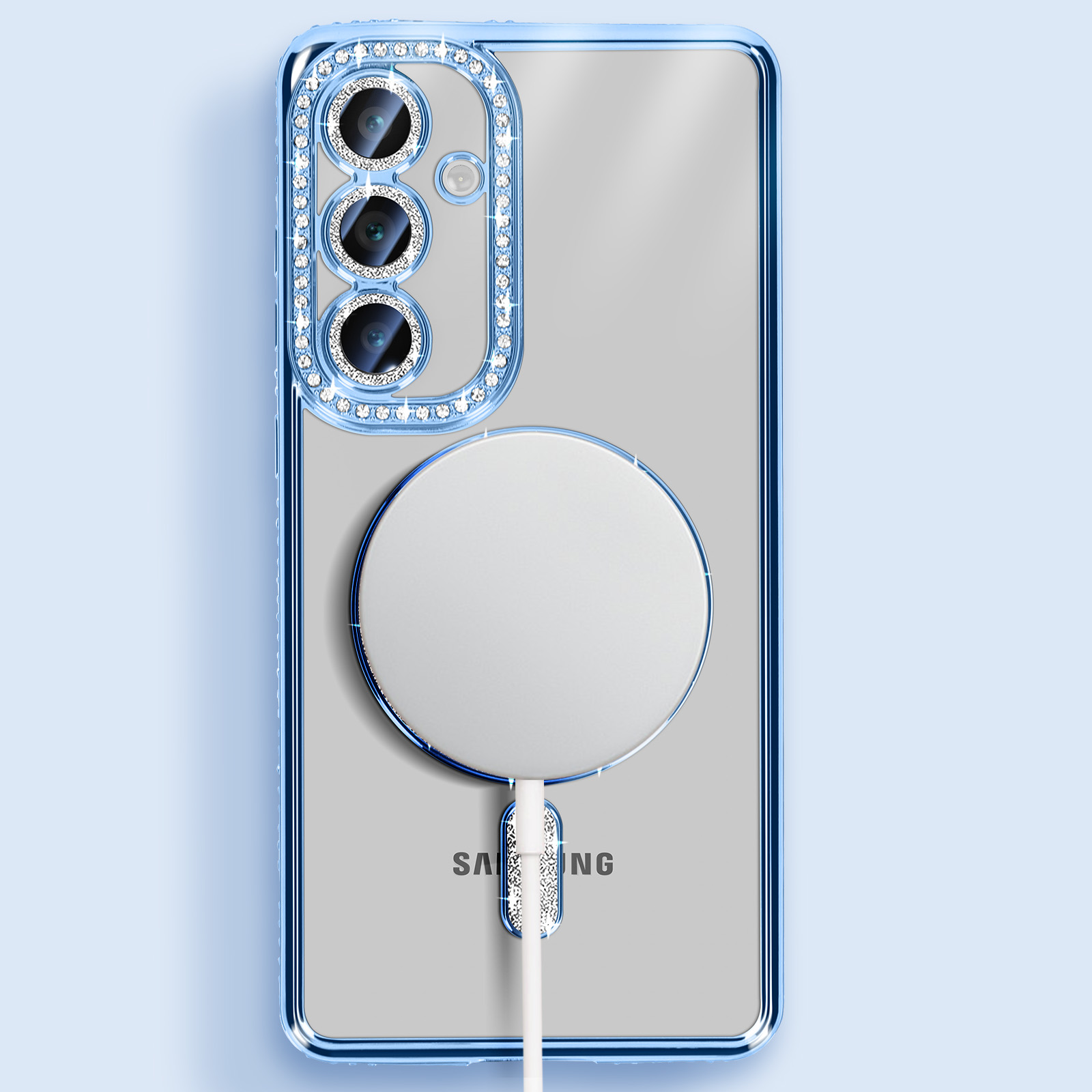 Custodia trasparente con telefono. Bordo blu con strass e base di ricarica bianca.