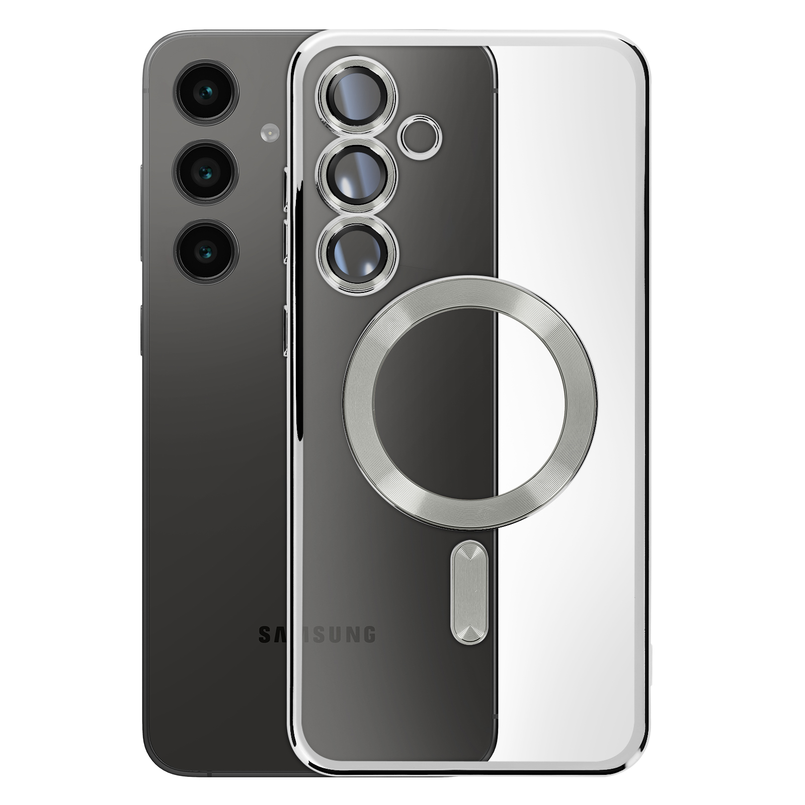 Due telefoni e custodie. Un telefono nero, l'altra è una custodia con design in bianco e nero.