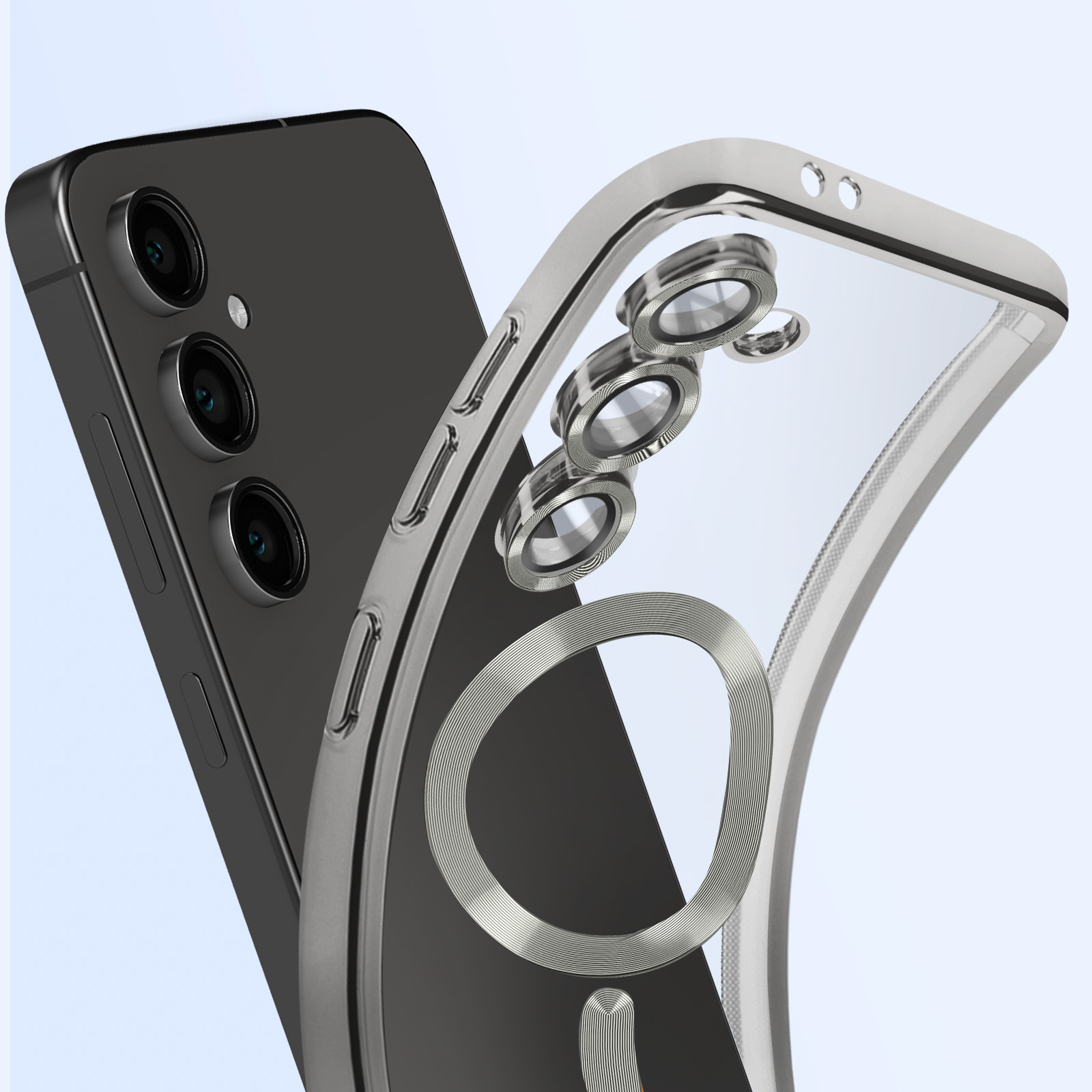 Un telefono in una custodia. La custodia è trasparente con anello argentato e fotocamera.