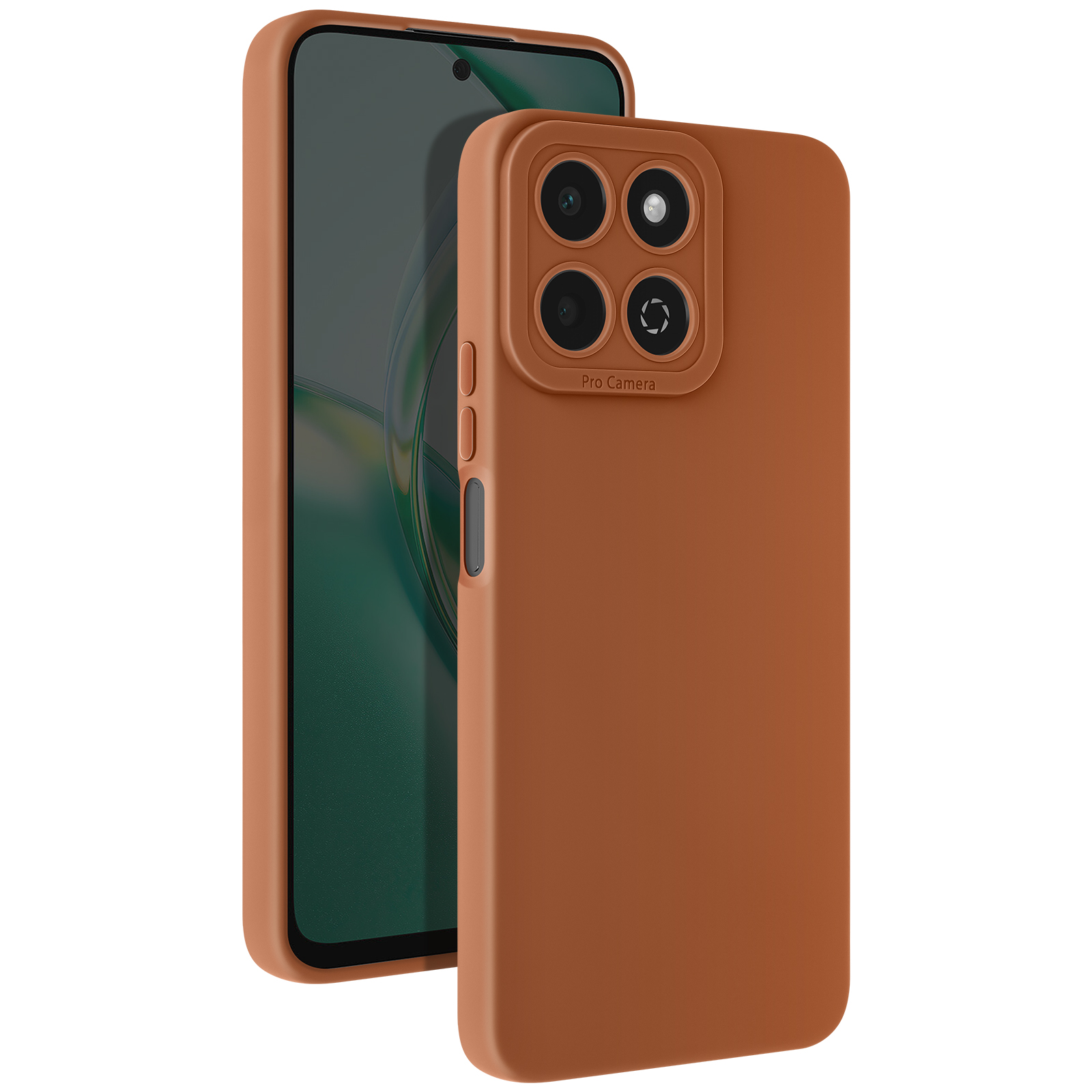 Custodia marrone per telefono con quattro lenti della fotocamera. La custodia dice 'Pro Camera'.