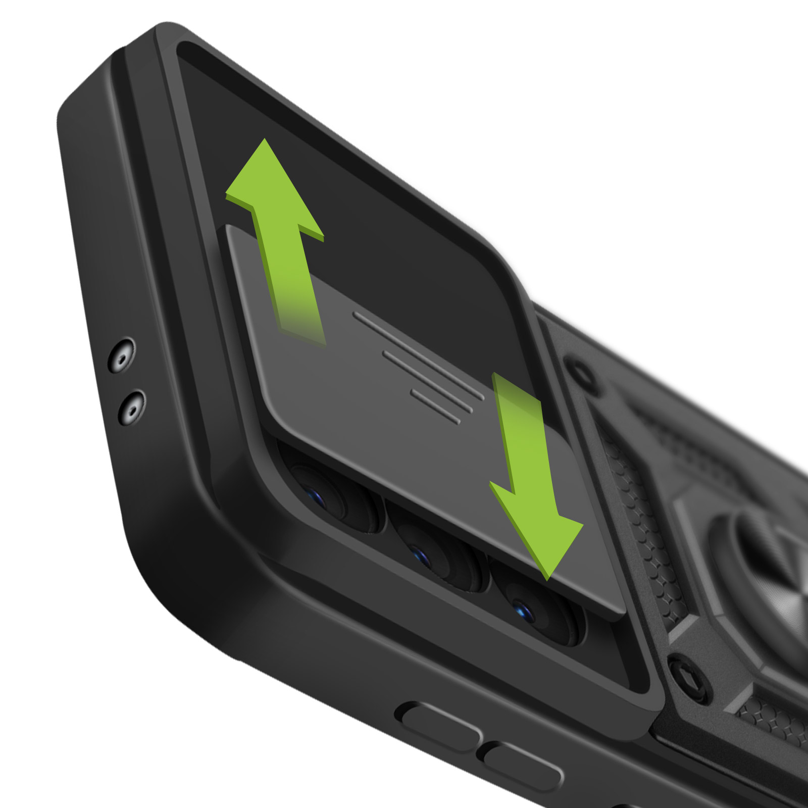 Gros plan d'une coque de téléphone noire. Montre la caméra et un cache de protection qui monte et descend.