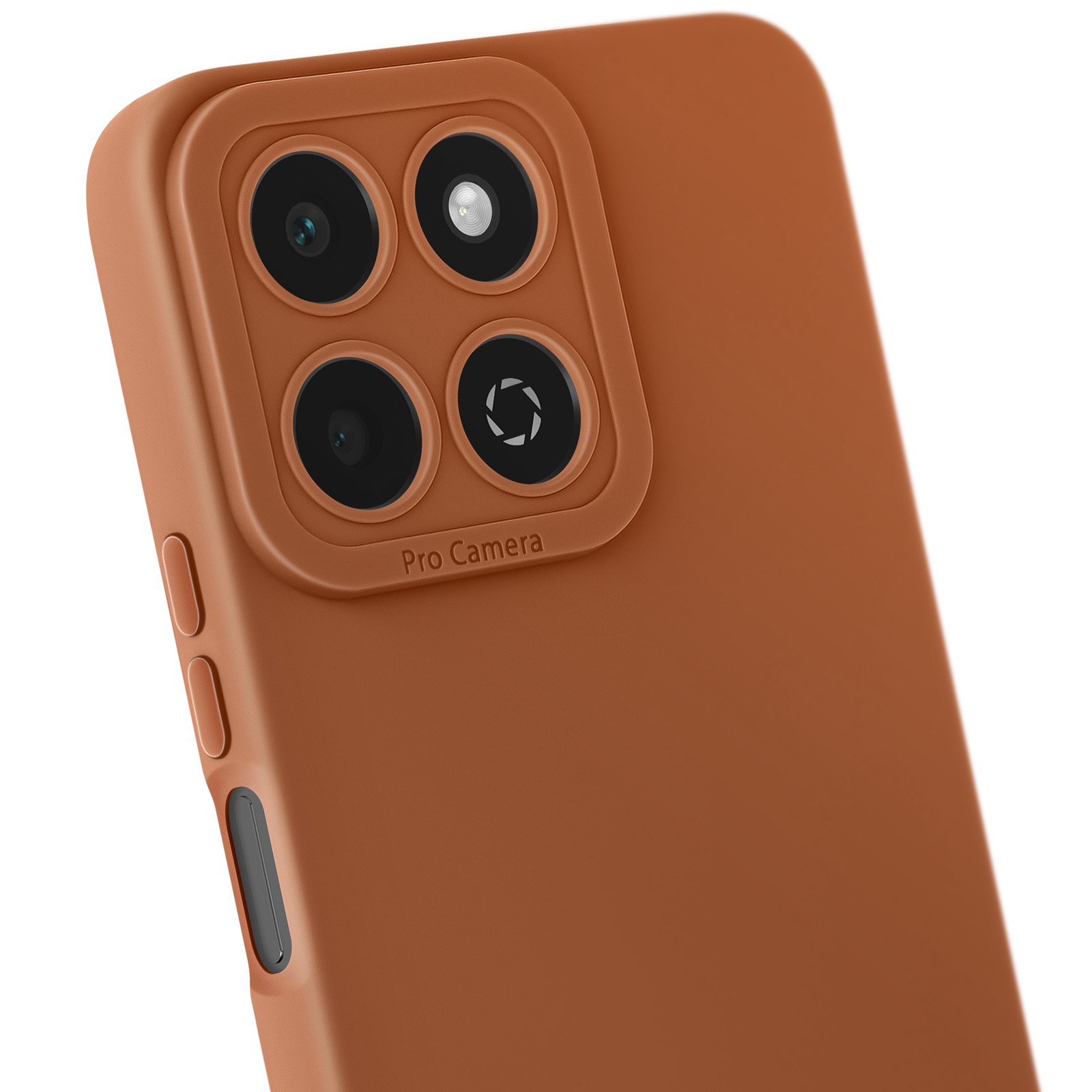Custodia arancione per telefono con protuberanza della fotocamera. Dice 'Pro Camera'. Quattro obiettivi della fotocamera sono visibili.