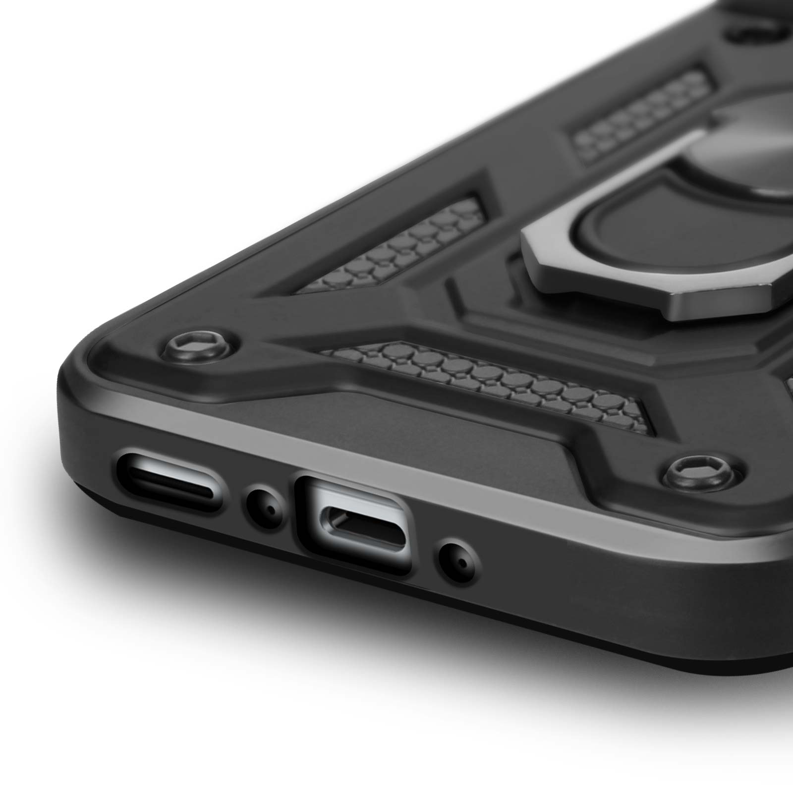 Coque de téléphone noire. La coque a un support et un design robuste.