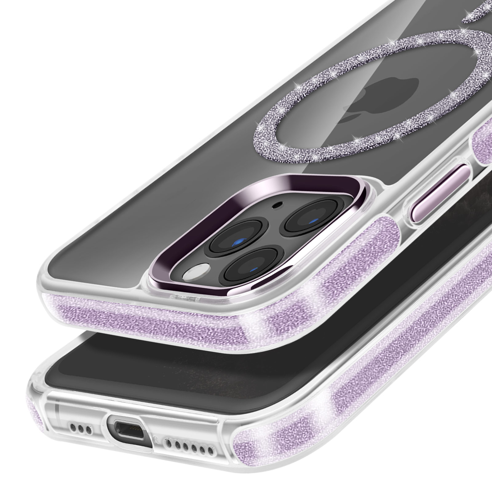 Custodia trasparente per telefono con strass e un design ad anello viola.