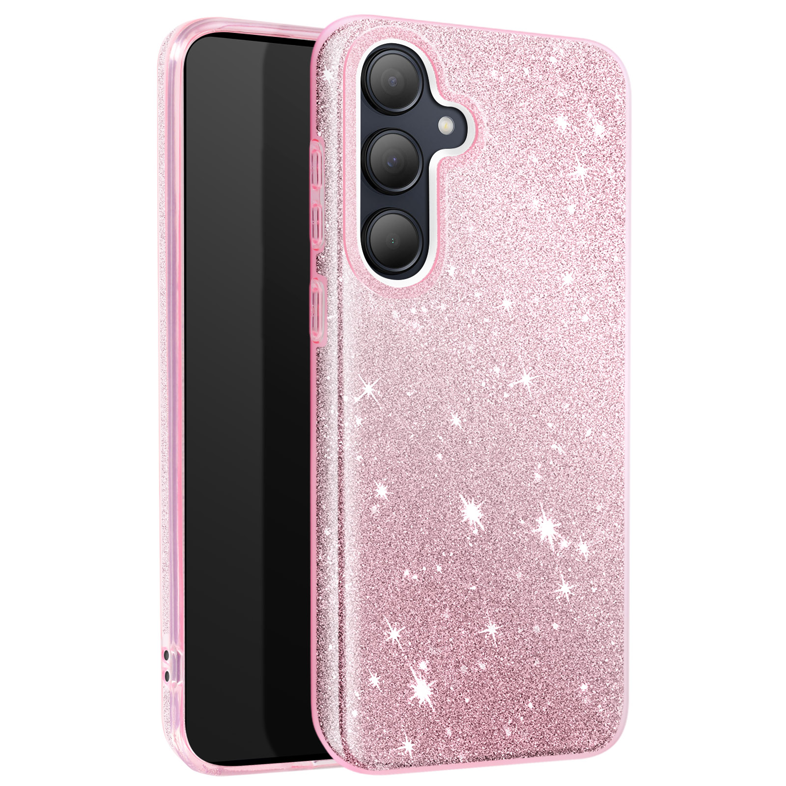 Custodia rosa glitterata con telefono all'interno. La custodia è trasparente.