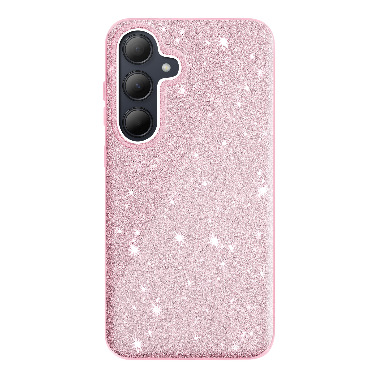 Custodia rosa glitterata per telefono con ritaglio per fotocamera a tre lenti.