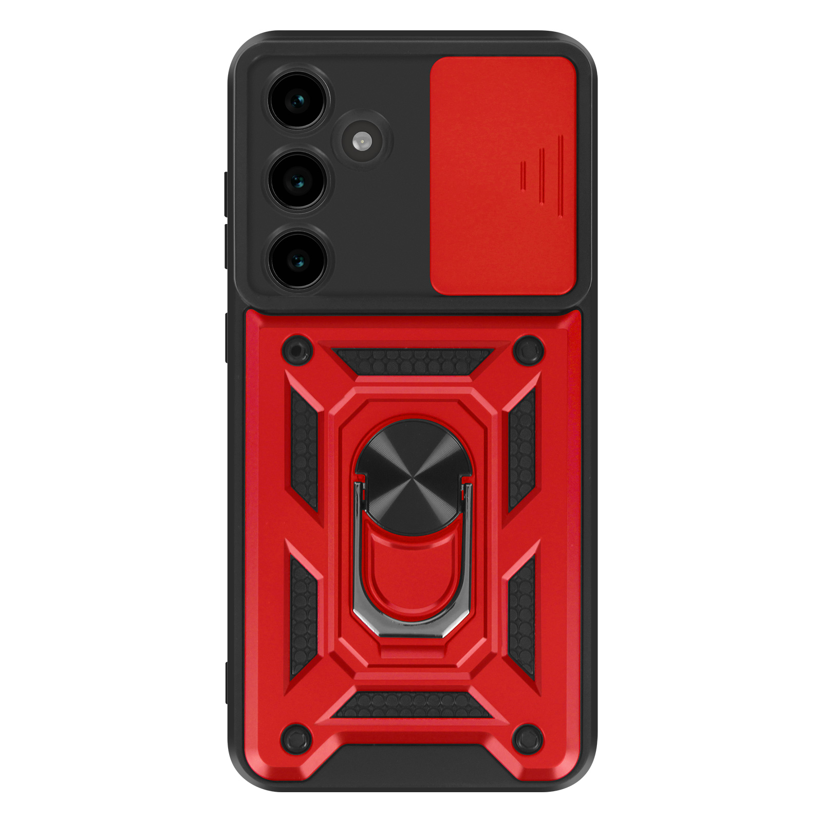 Custodia per telefono rossa e nera con copertura della fotocamera e supporto ad anello. La custodia è angolata.