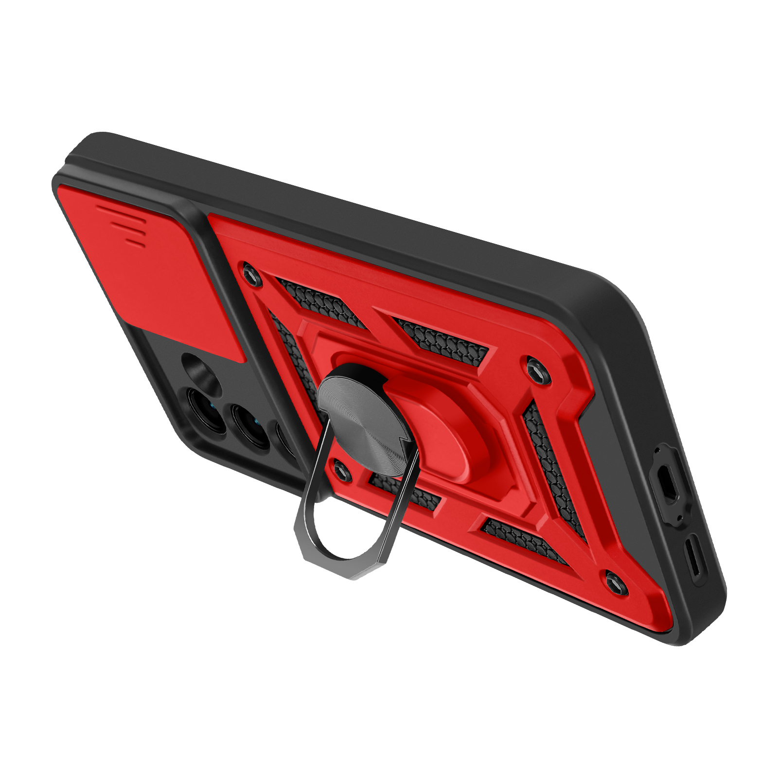 Custodia per telefono rossa e nera con supporto ad anello e copertura della fotocamera. La custodia è angolata.