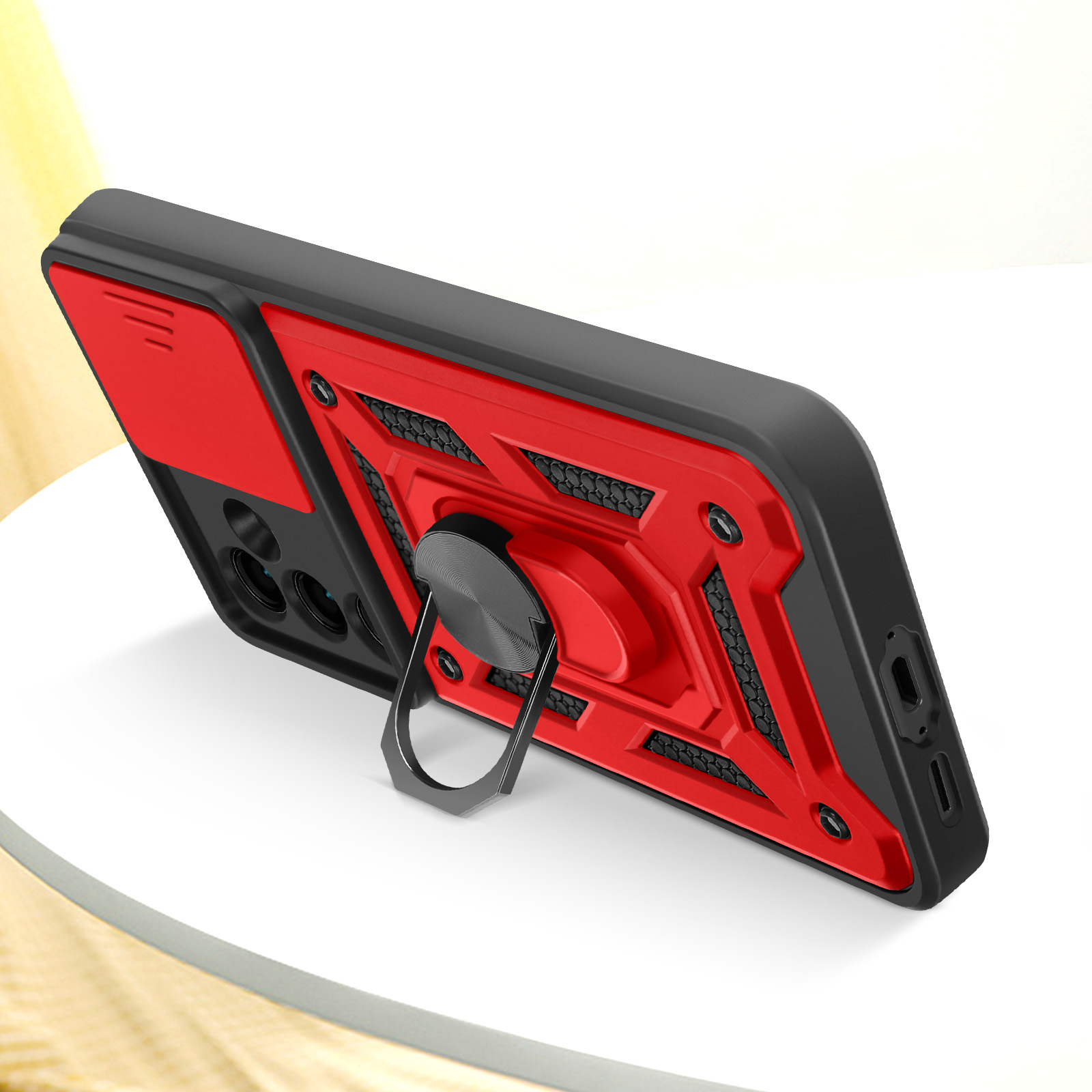 Custodia per telefono con design rosso e nero, anello. Su una superficie bianca.