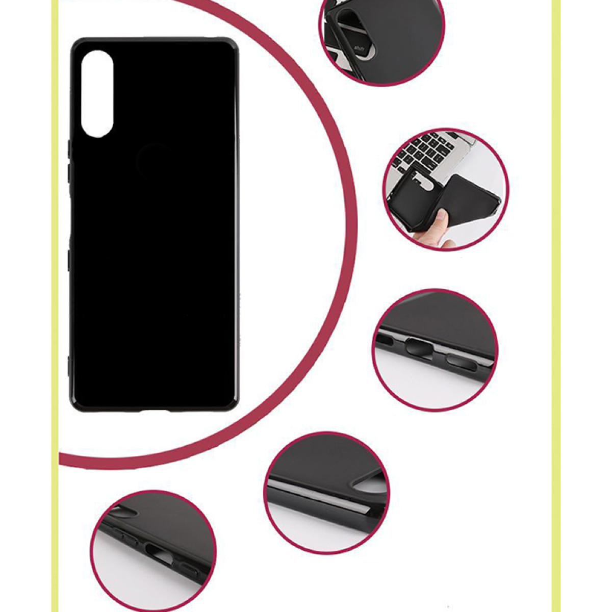 Design della custodia del telefono nera. Vengono mostrate varie parti, tra cui il retro, le porte e i dettagli del ritaglio della fotocamera.
