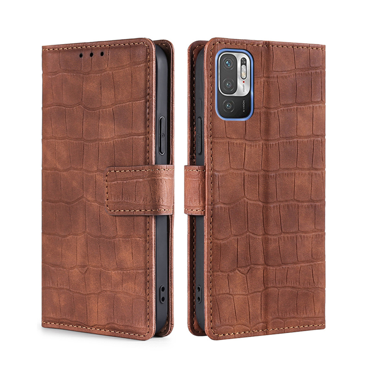 Custodia per telefono in pelle marrone, aperta con telefono e carte su tavolo di legno.