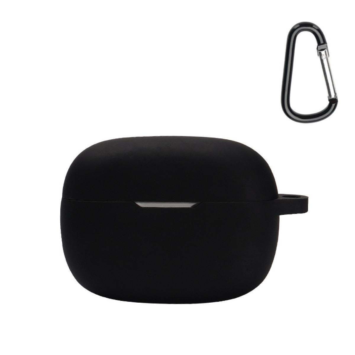 Geschlossenes schwarzes Kopfhörer-Etui. Die Form ist abgerundet mit einer kleinen Schlaufe. Auf weißem Grund.