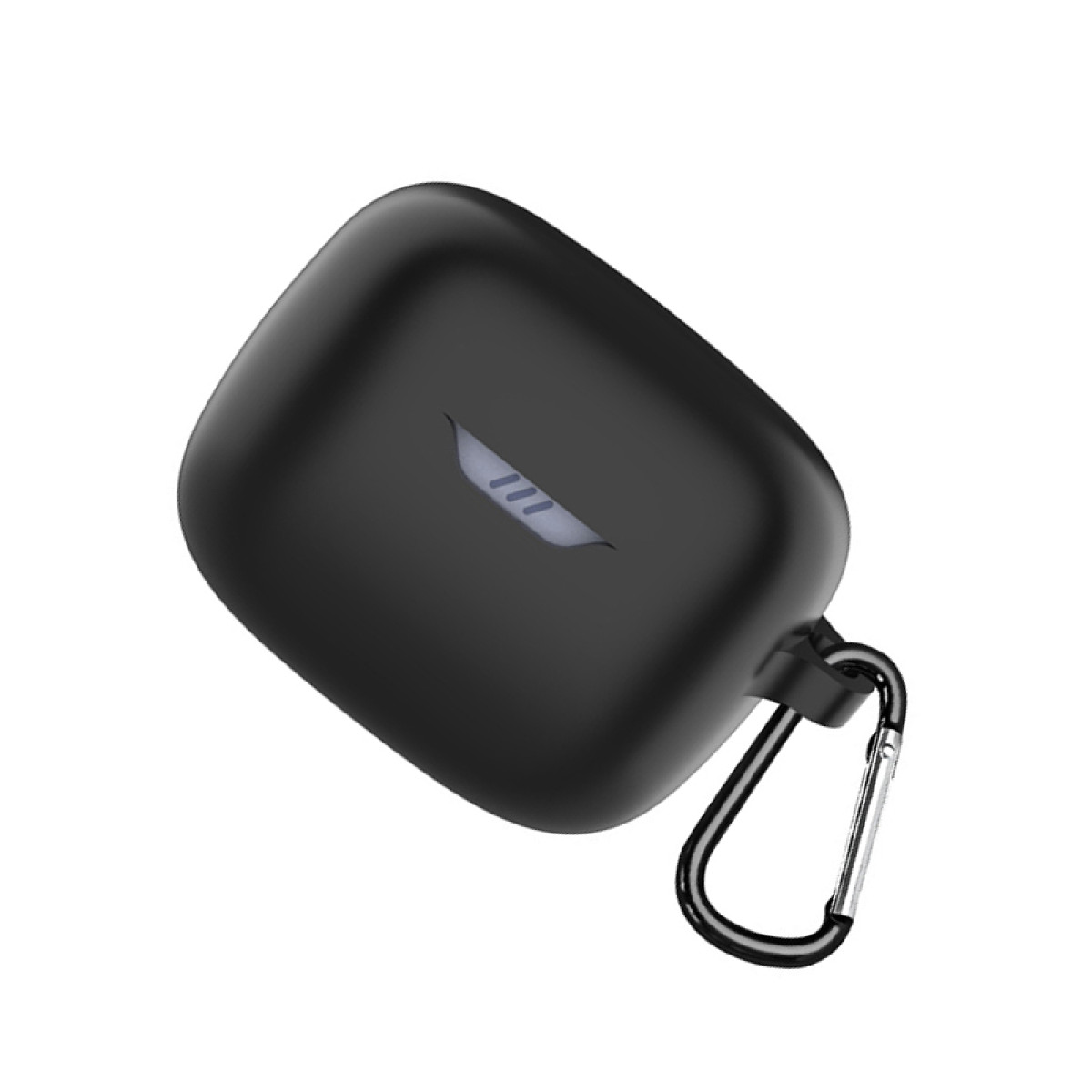 Abgewinkeltes, geschlossenes schwarzes Kopfhörer-Etui mit Karabiner. Vorne Logo.