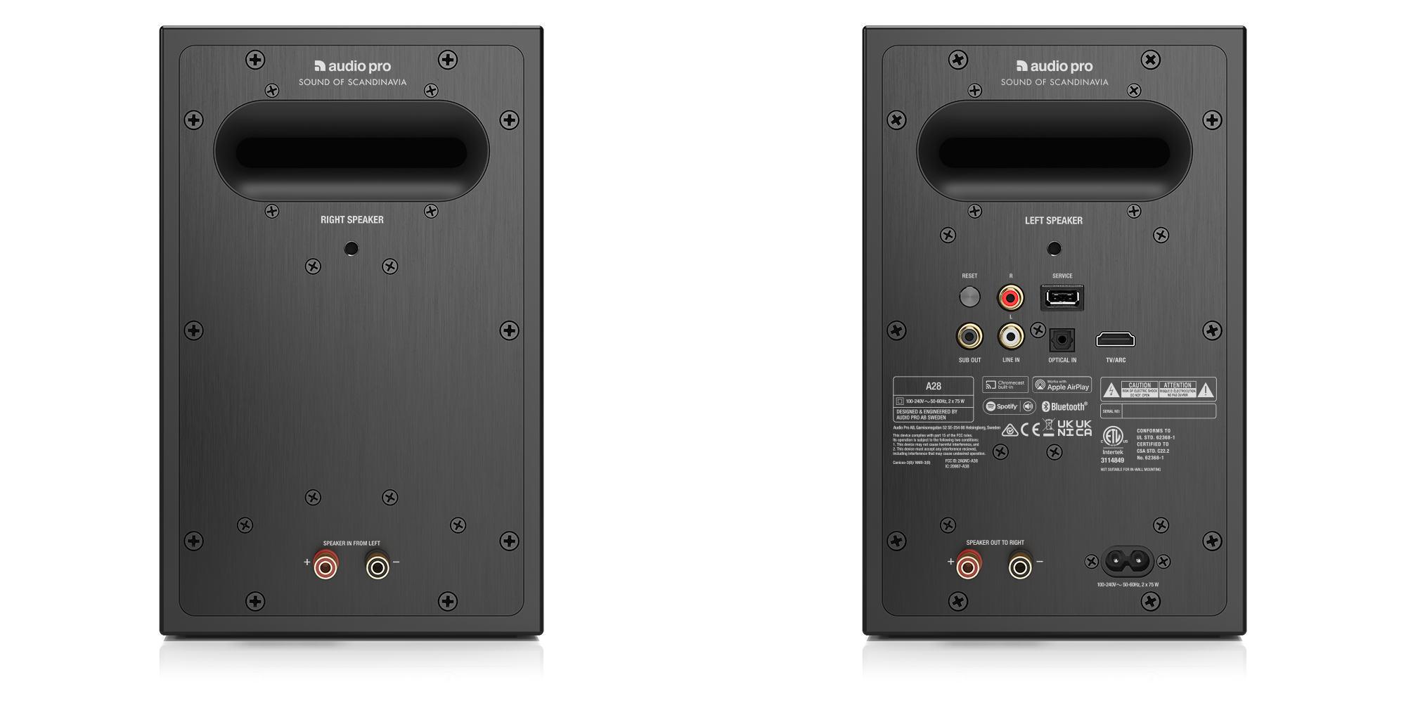 Due schienali degli altoparlanti. Testo Audio Pro, varie porte e ingressi. Schema di colori nero e argento.