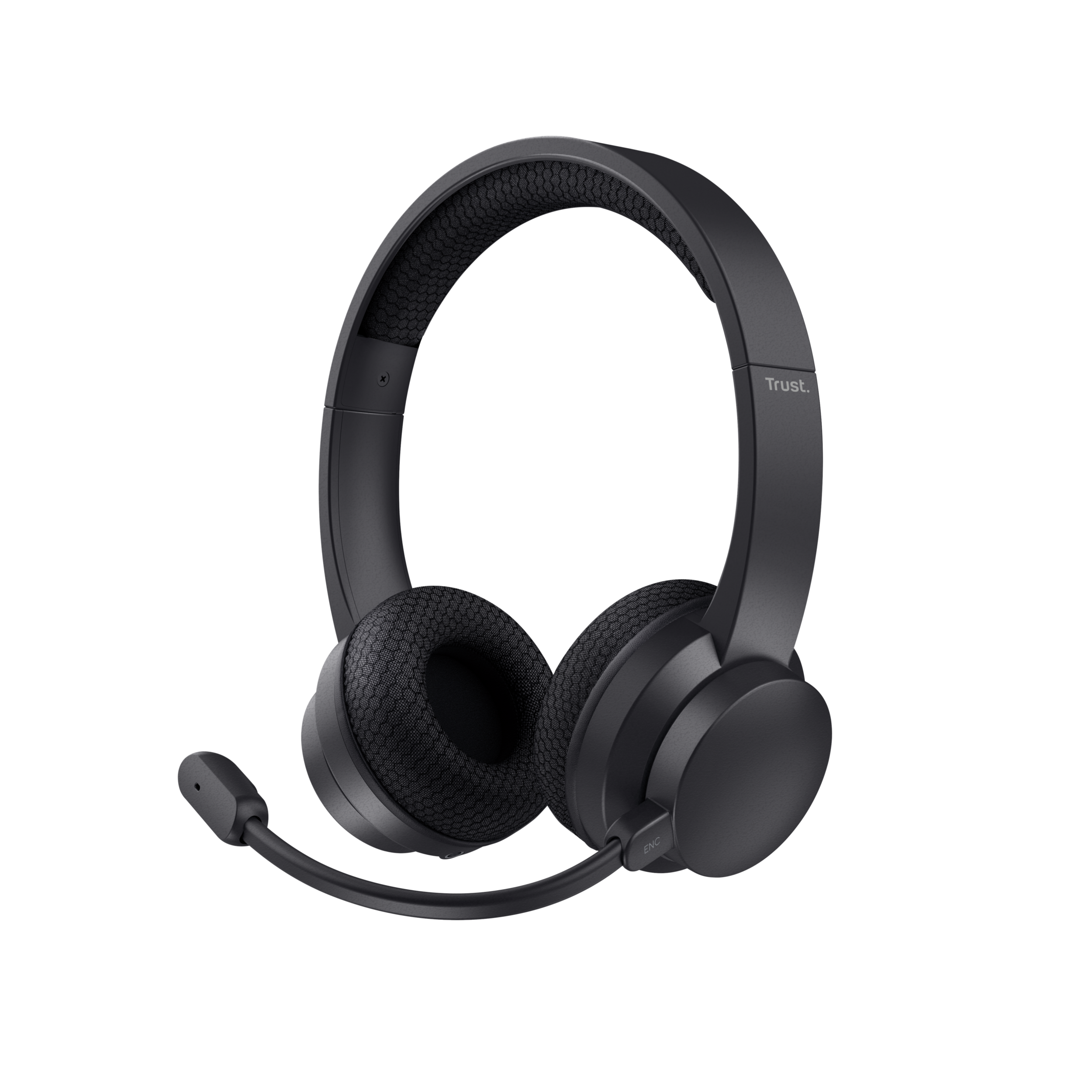 Czarne słuchawki z mikrofonem na wysięgniku. Słuchawki mają logo Trust i leżą na czarnym tle.