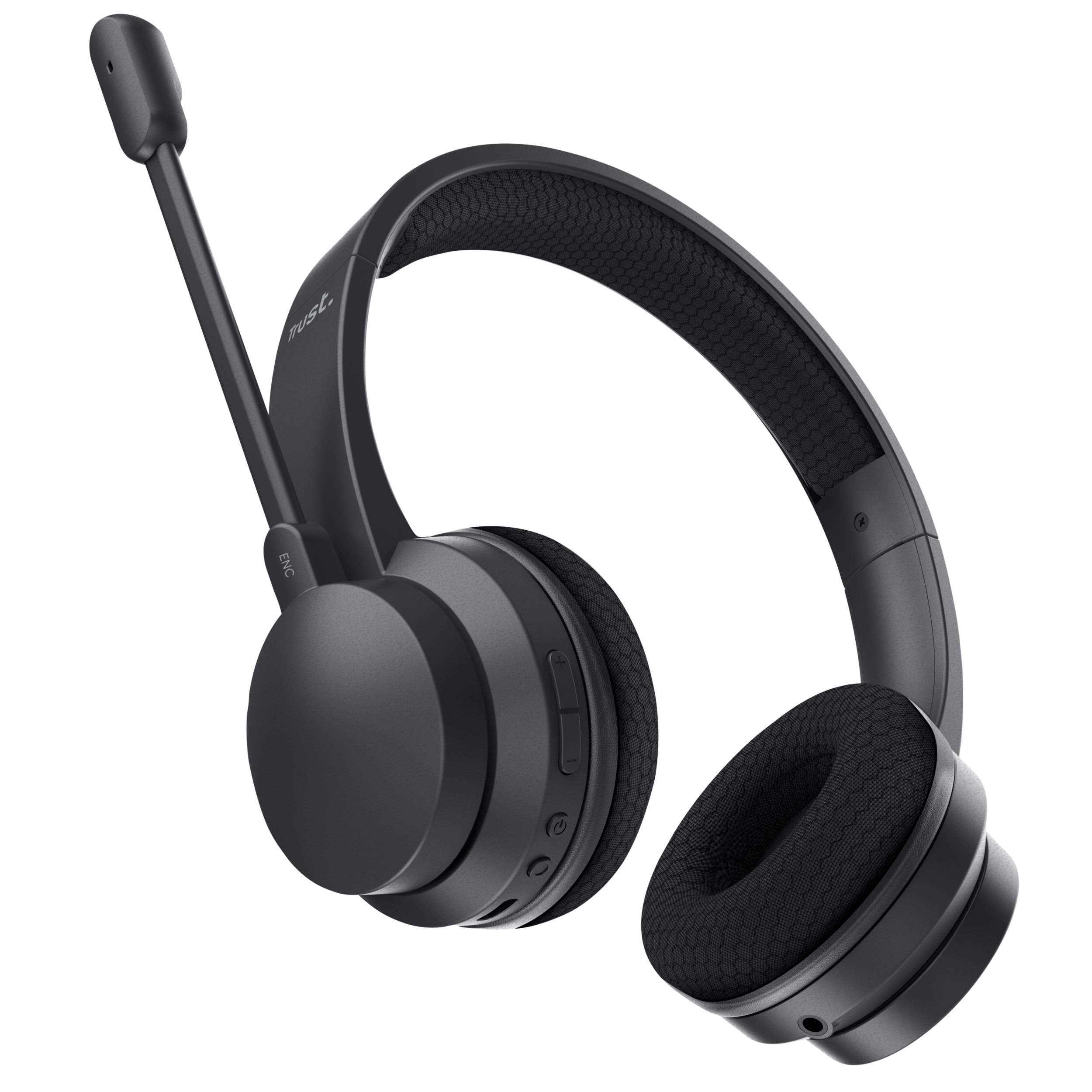 Czarny zestaw słuchawkowy z mikrofonem. Zestaw ma logo Trust i etykietę 'ENC'.