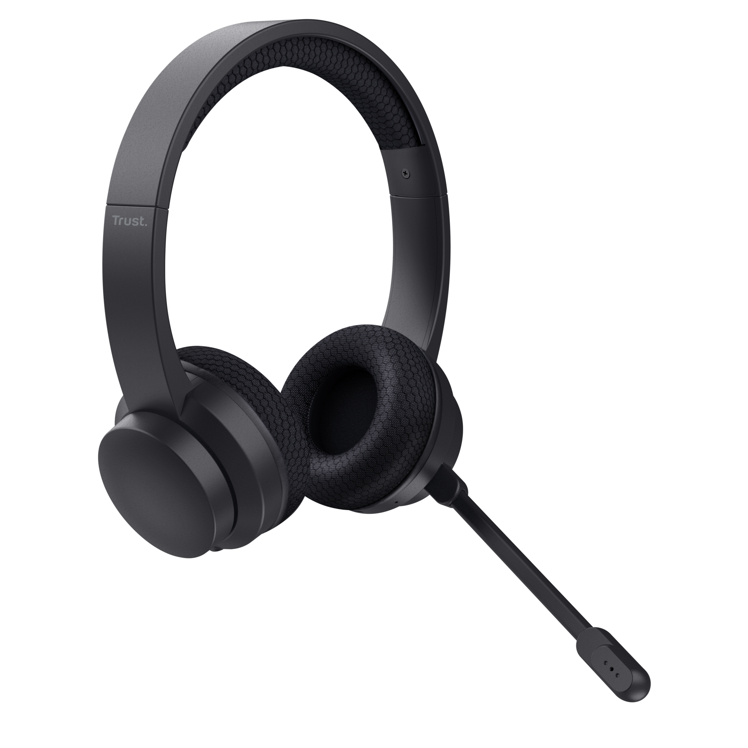 Czarny zestaw słuchawkowy z mikrofonem. Zestaw ma logo Trust i etykietę 'ENC'.