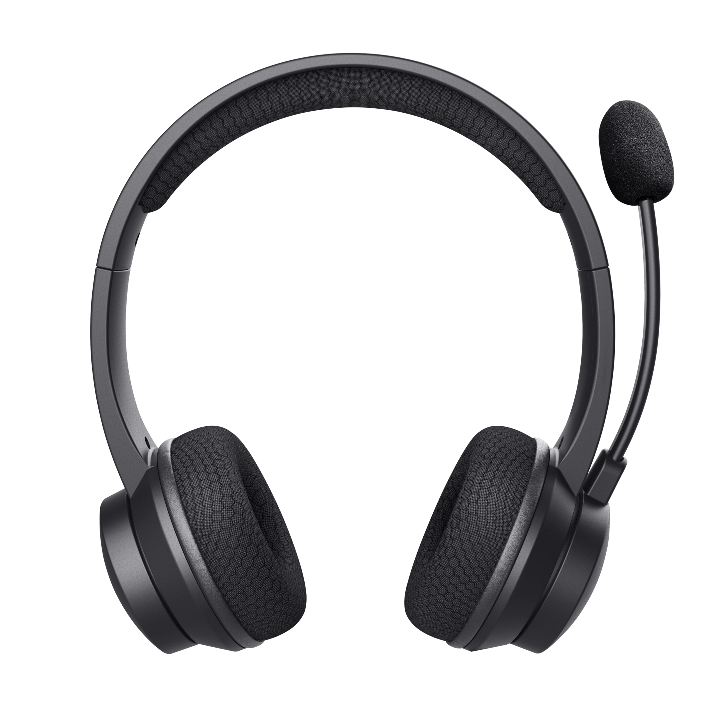 Słuchawki z mikrofonem na czarnym tle. Słuchawki są czarne i mają siatkową konstrukcję.