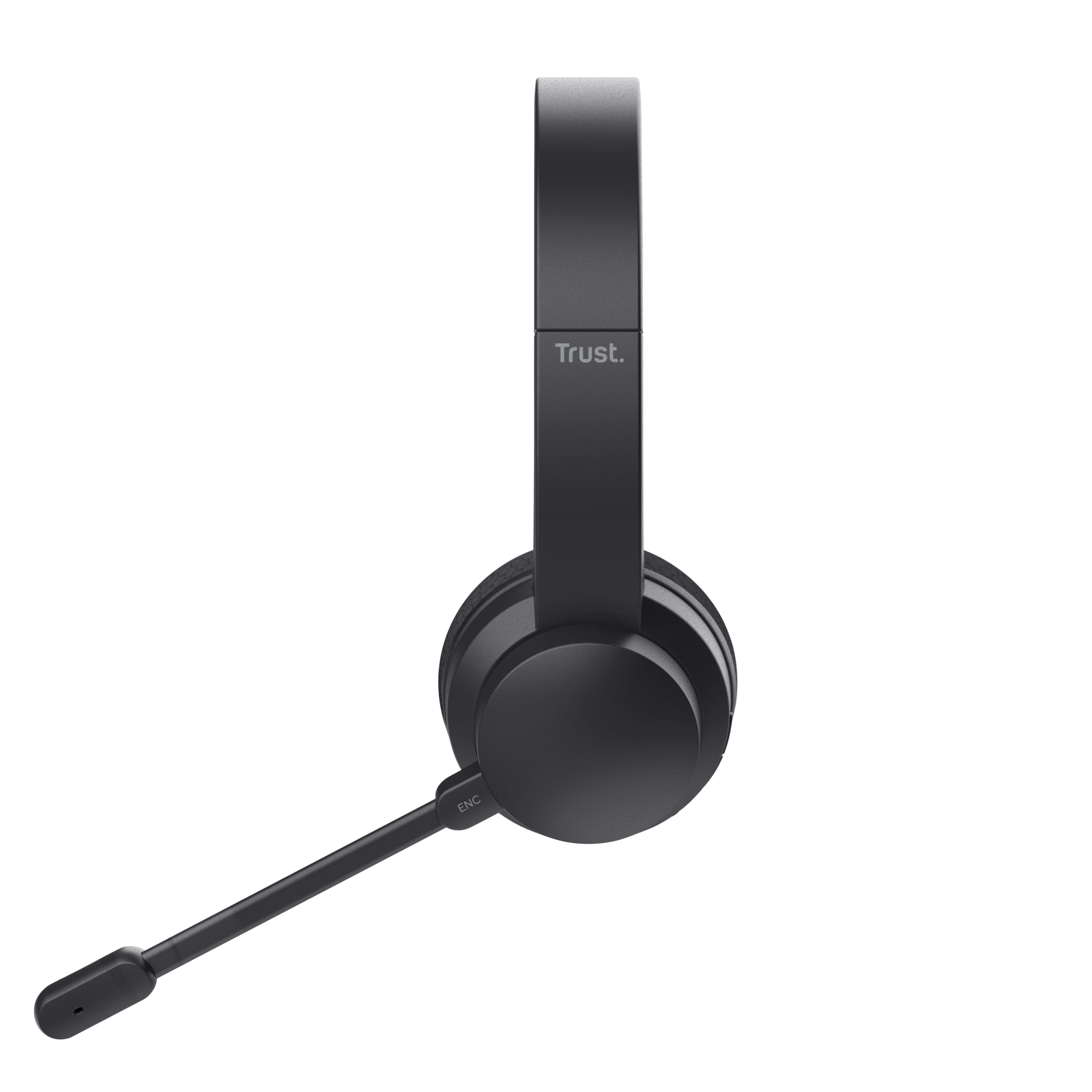Czarny zestaw słuchawkowy z mikrofonem, pod kątem. Zestaw ma logo Trust i etykietę 'ENC'.