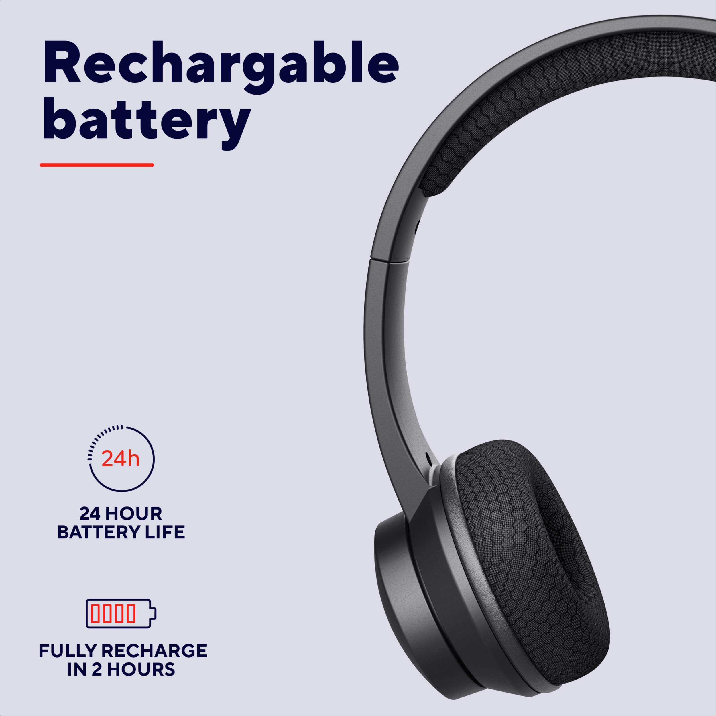 Czarne słuchawki z tekstem 'Akumulator', 24-godzinna żywotność baterii i pełne naładowanie w 2 godziny.