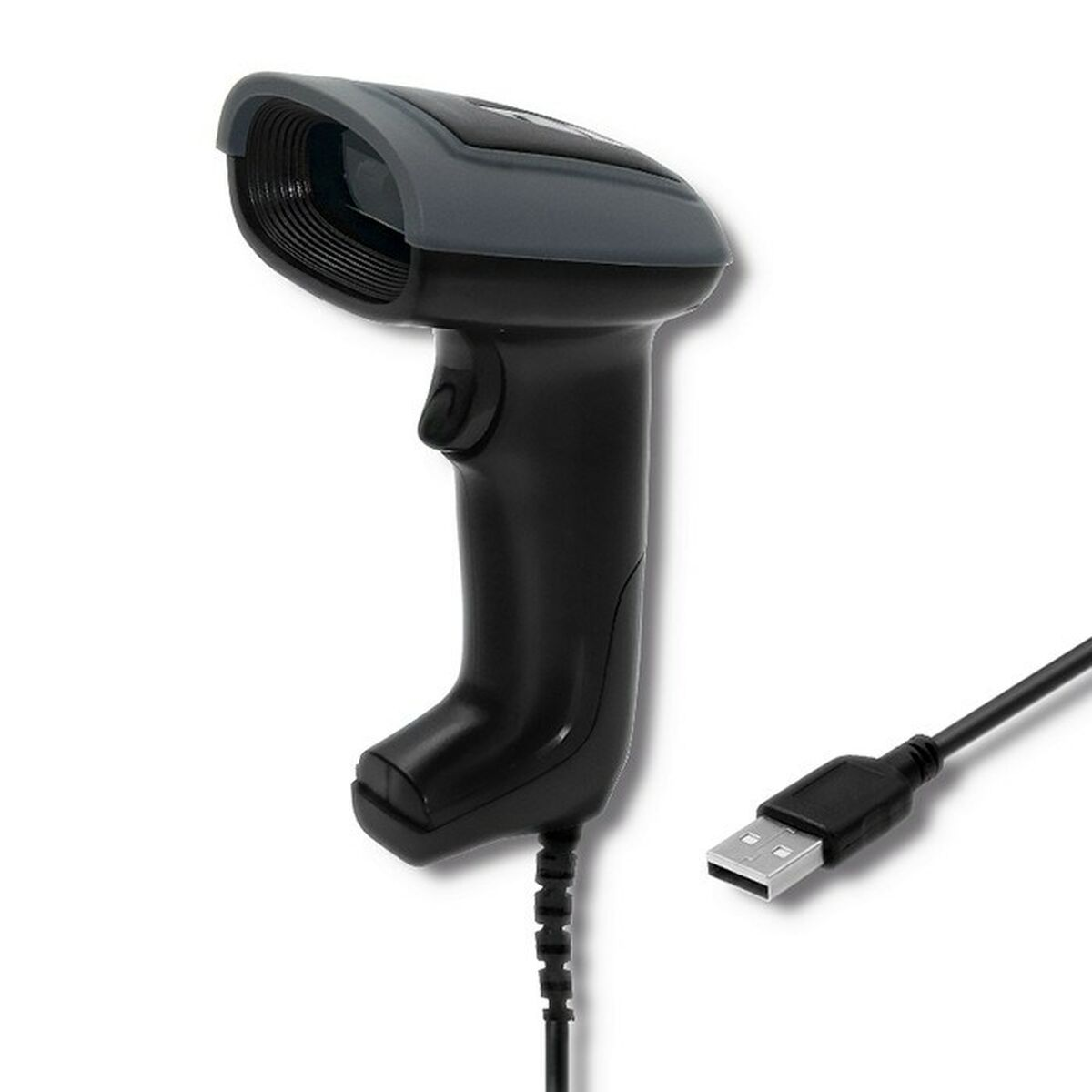 Scanner di codici a barre nero e grigio con cavo USB. Sfondo bianco.