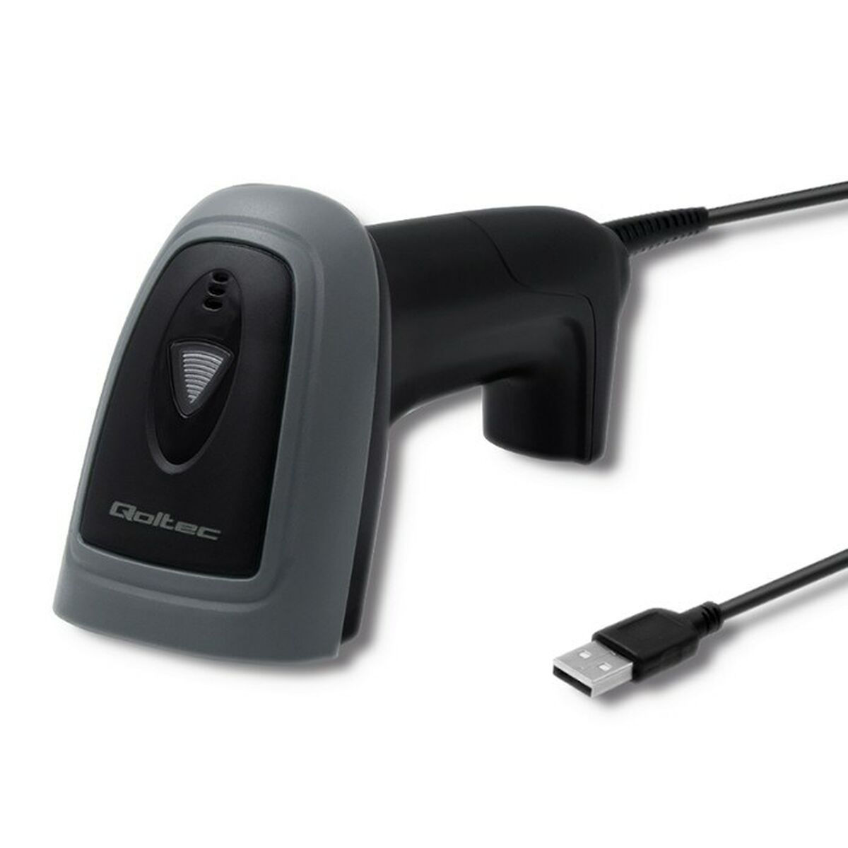 Scanner di codici a barre nero e grigio con cavo USB. Lo sfondo è bianco.
