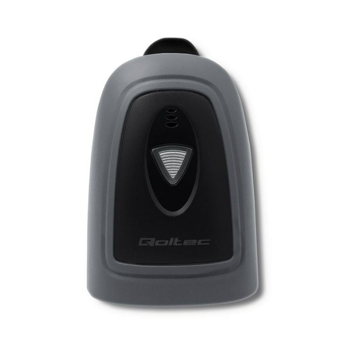 Telecomando grigio con centro nero e sfondo bianco.