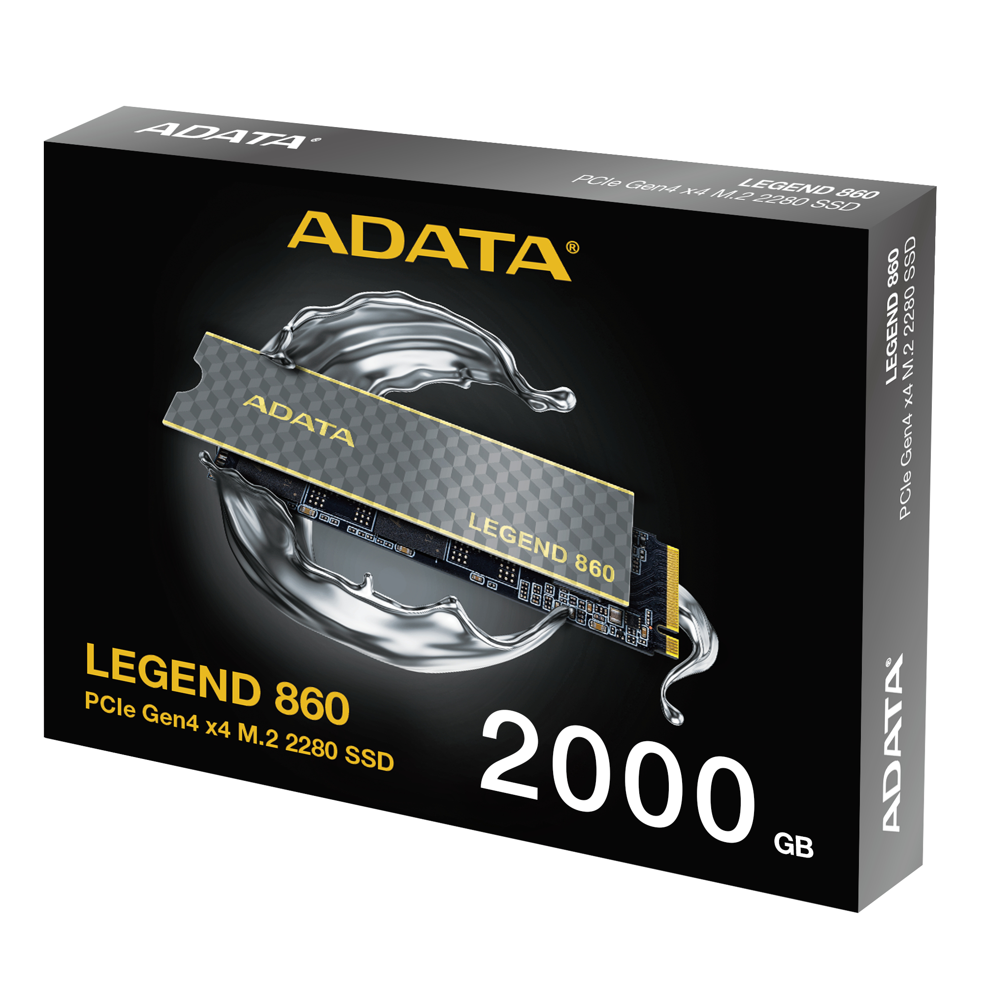 Pudełko SSD ADATA Legend 860, etykieta 2000 GB. Białe tło.
