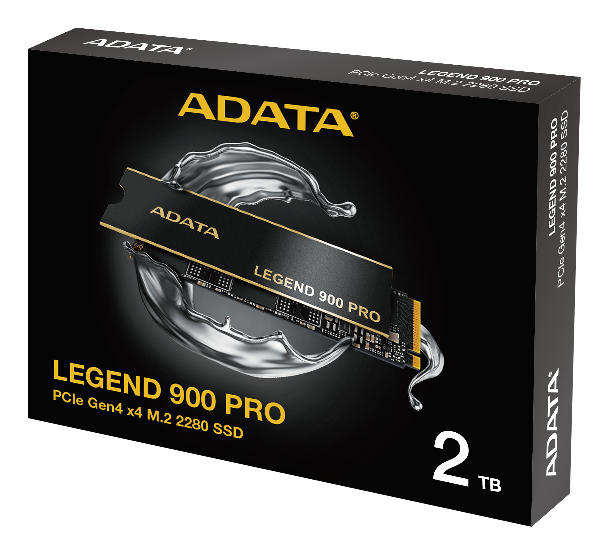 Boîte de SSD ADATA Legend 900 Pro avec étiquette 2 To. Fond blanc.