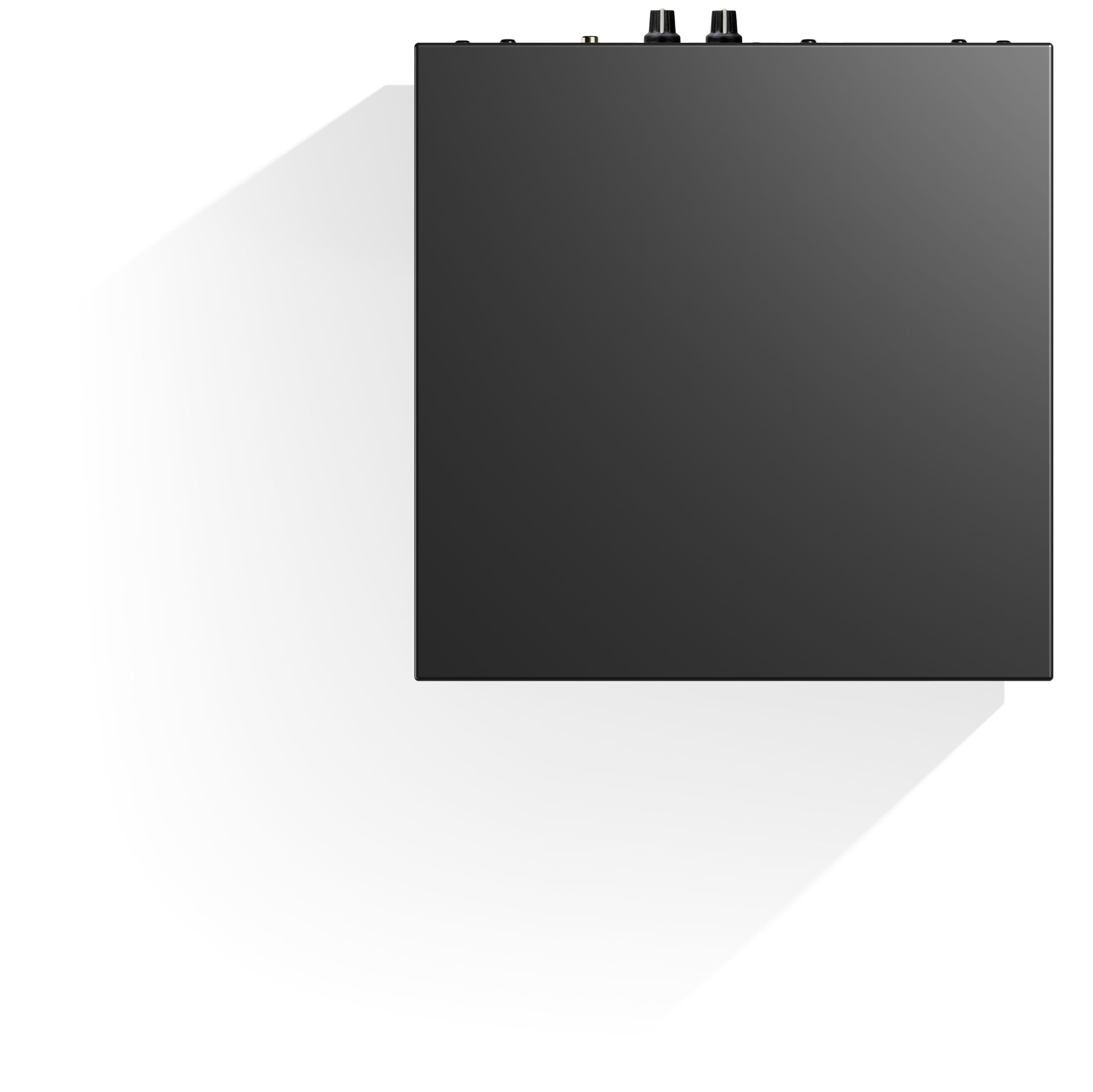 Top view of a black device with black buttons and a shadow.