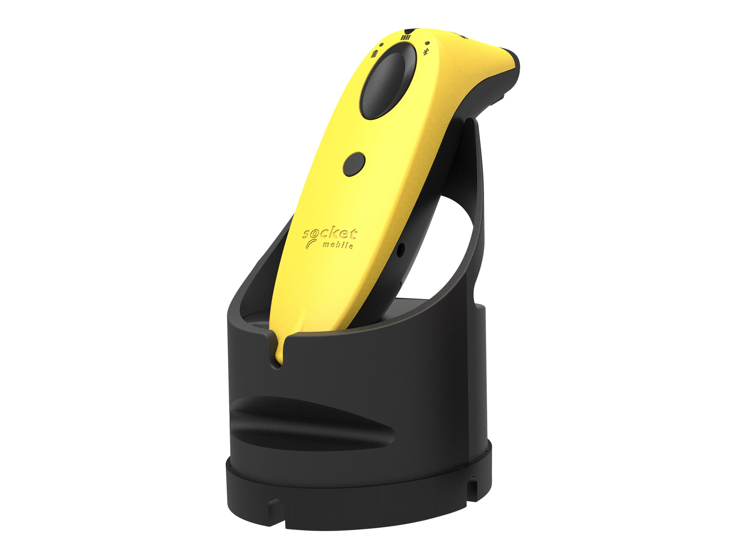 Scanner giallo in una base di ricarica nera. Lo scanner è angolato e la base è su una superficie bianca.