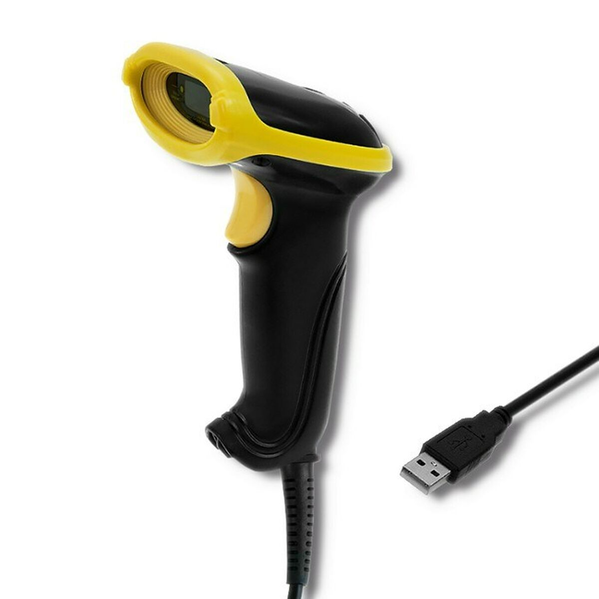 Scanner di codici a barre nero e giallo con cavo USB, su sfondo bianco.