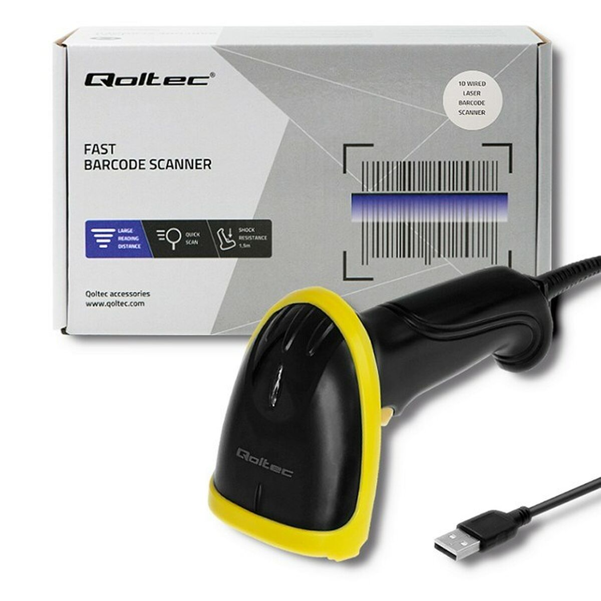 Scanner per codici a barre nero e giallo, con una scatola. La scatola mostra un grafico a codice a barre e le funzionalità dello scanner, con un cavo USB.