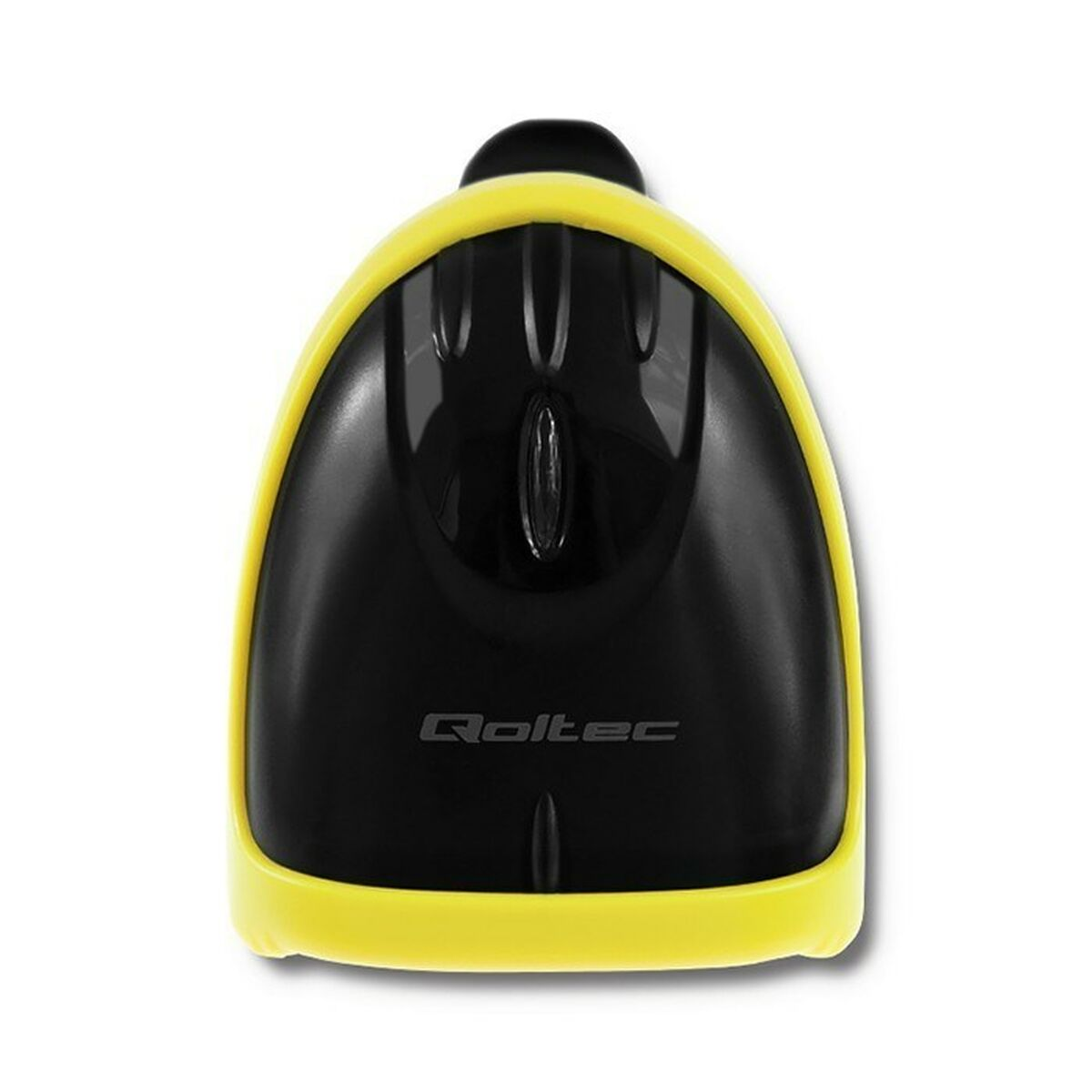 Scanner di codici a barre giallo e nero, logo Qoltec in basso, visto dall'alto.