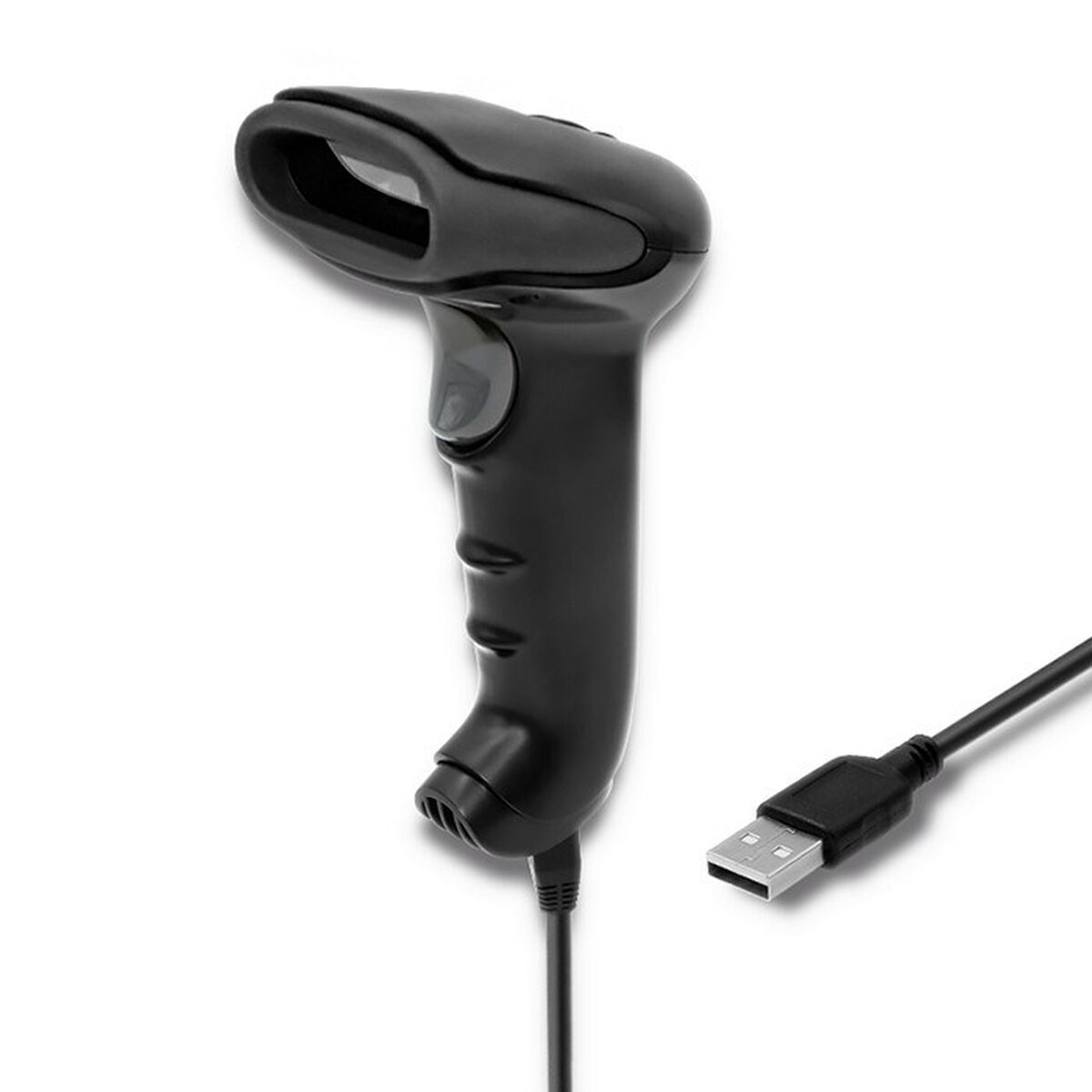 Scanner per codici a barre nero con cavo USB. Lo scanner ha un'impugnatura curva e un design ergonomico.