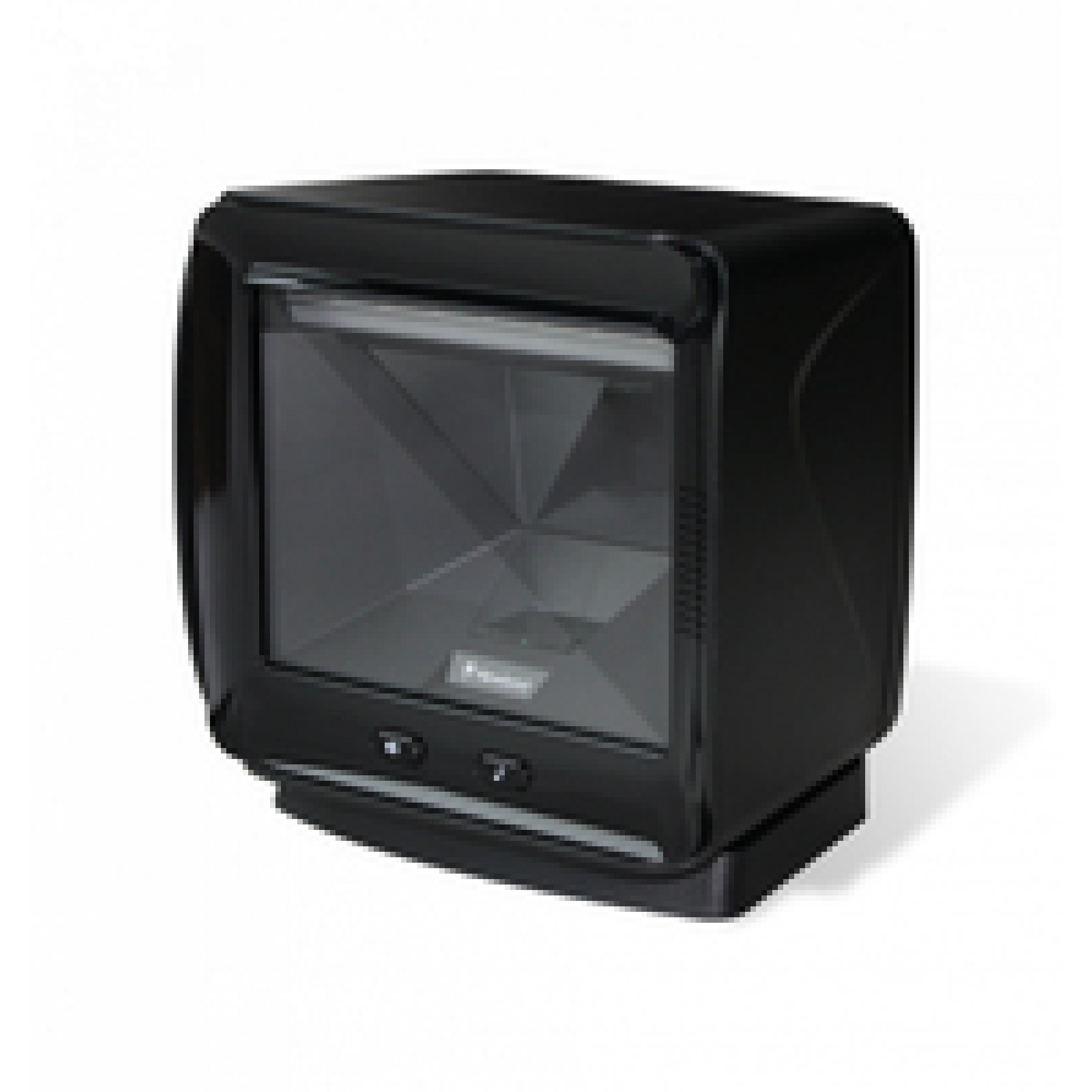 Scanner di codici a barre nero, con base nera, su sfondo bianco.