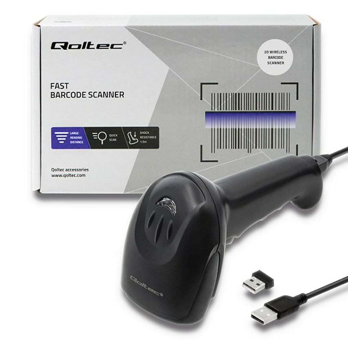 Scanner di codici a barre con scatola, nero, bianco e blu. Qoltec. Scanner di codici a barre veloce.