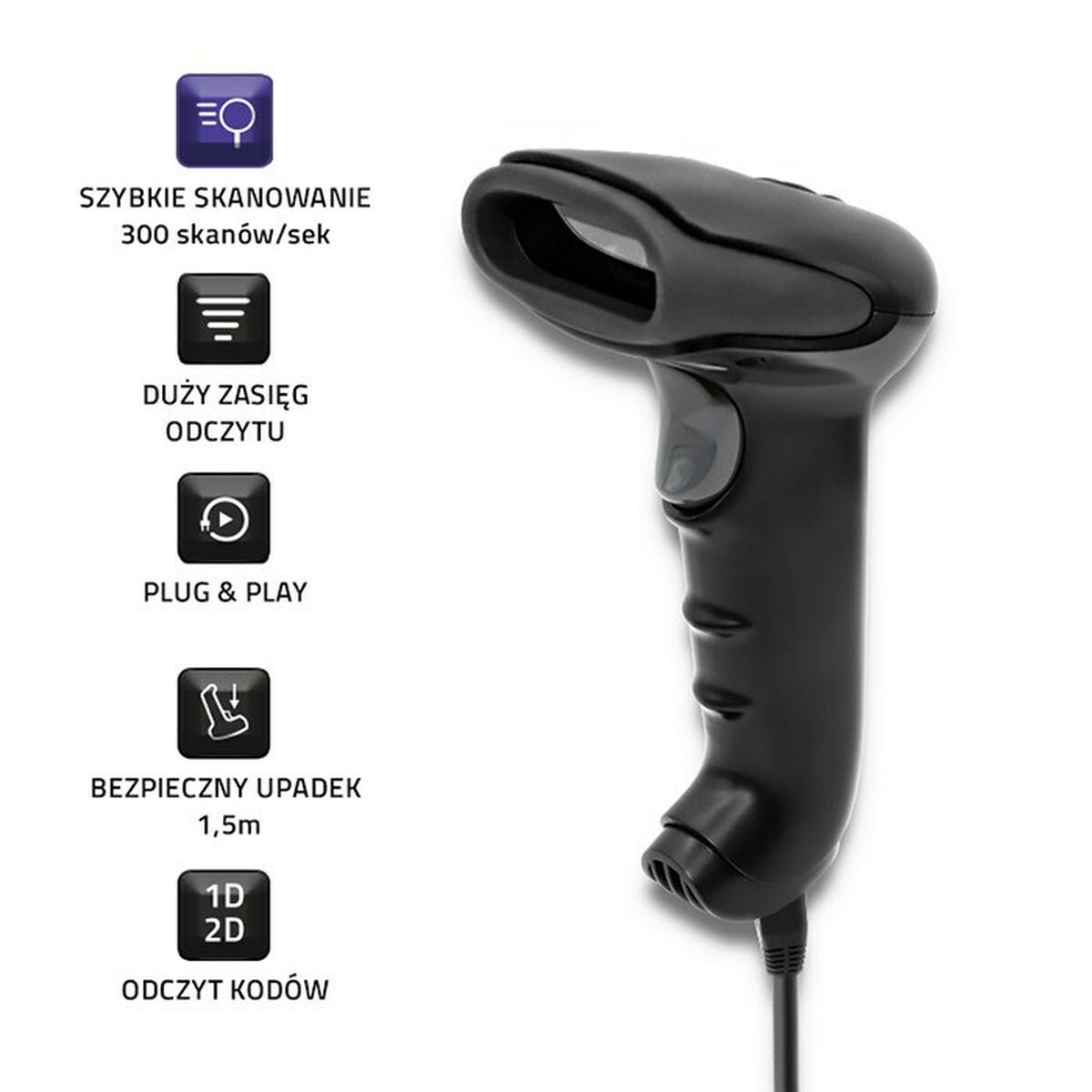 Scanner per codici a barre nero, con icone laterali che indicano scansione rapida, lunga portata, plug & play e resistenza agli urti.