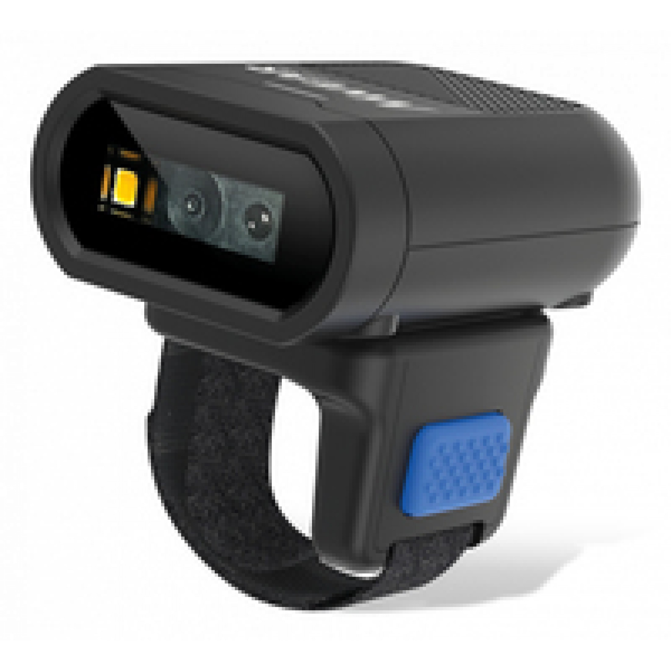 Scanner per codici a barre nero da polso. Ha un cinturino nero e un pulsante blu. Lo scanner è angolato.